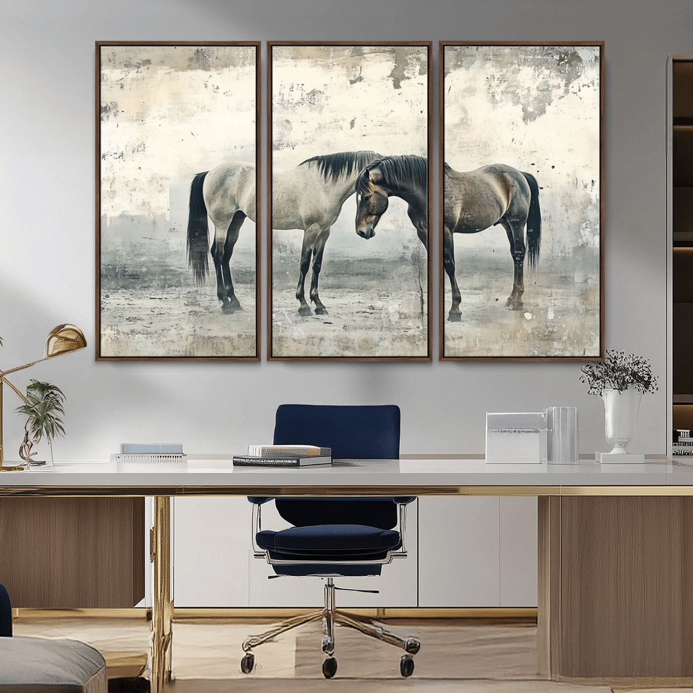 -Chines Style Majestic Horses Wall Art | Ready to Hang and Framed Triptych Print | Western Farmhouse