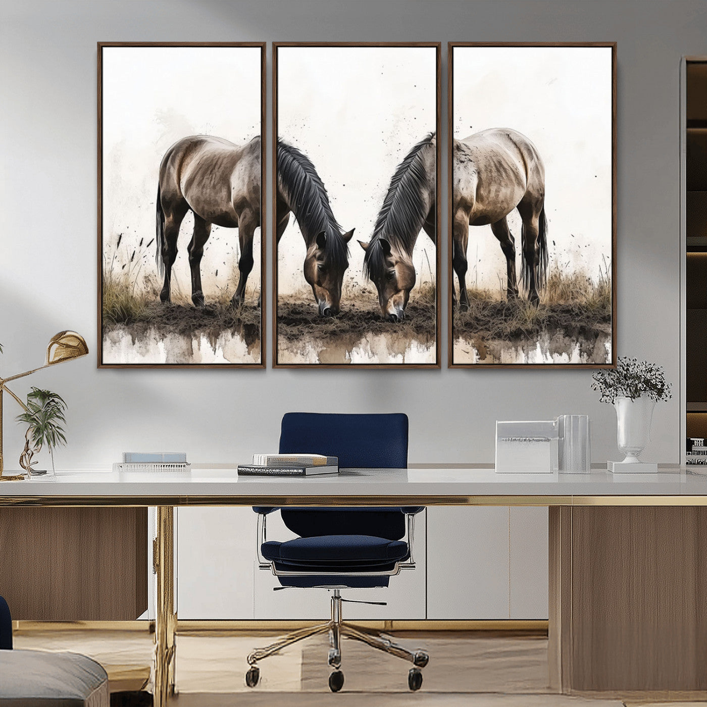 71729-MGV-FC-48X32-3P_Walnut-Chines Ink Style Horses Wall Art Canvas Print