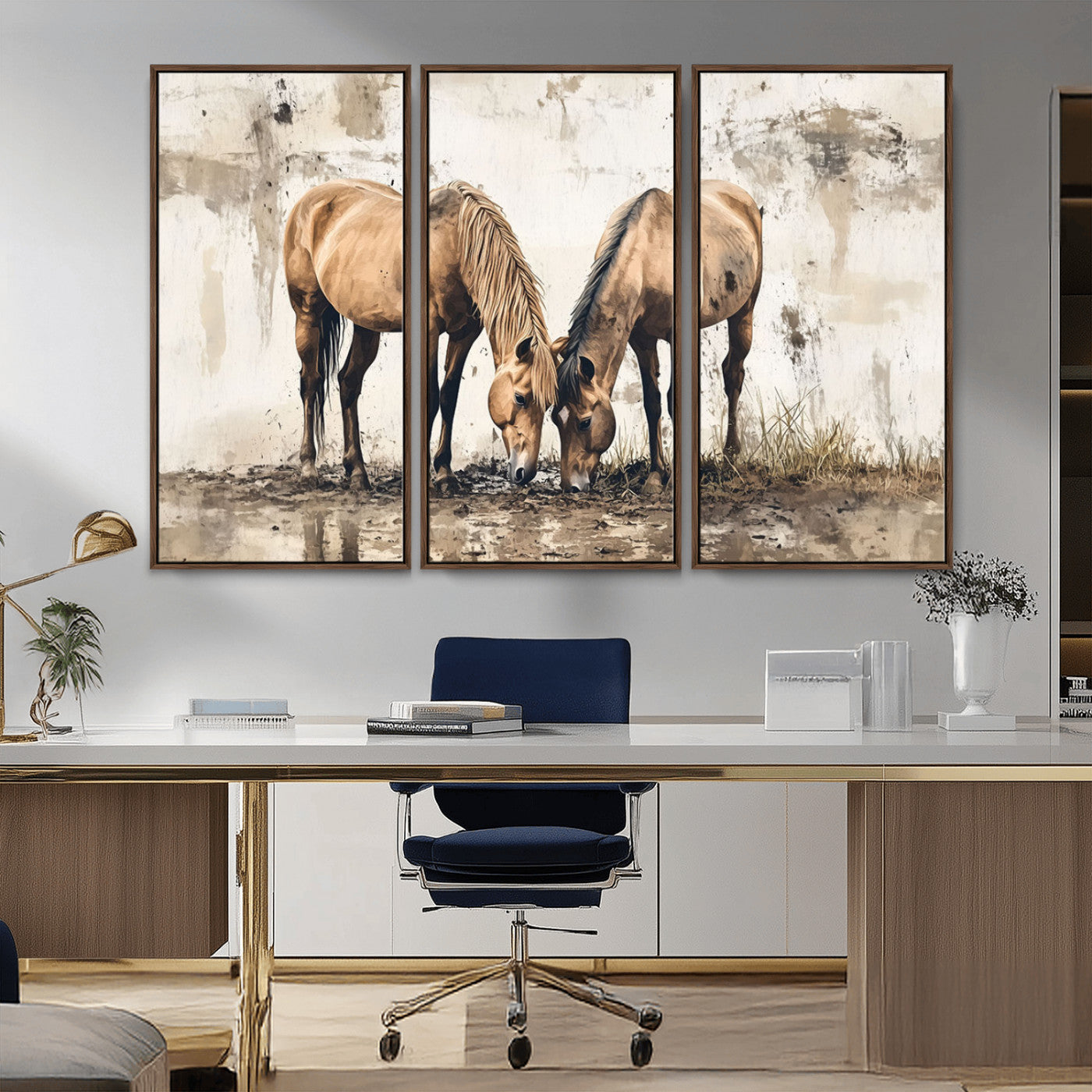 -Vintage Horses Wall Art | Ready to Hang and Framed Triptych | Western Farmhouse Wall Decor for