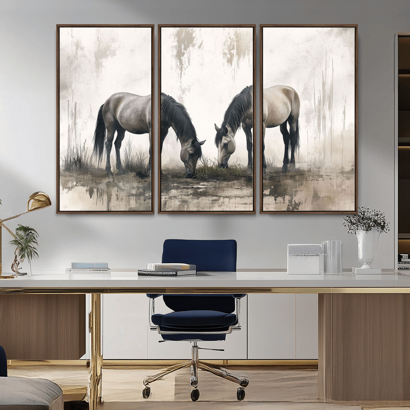 35494-MGV-FC-48X32-3P_Walnut-Chines Ink Style Vintage Horses Wall Art Canvas Print for Farmhouse Wall Decor