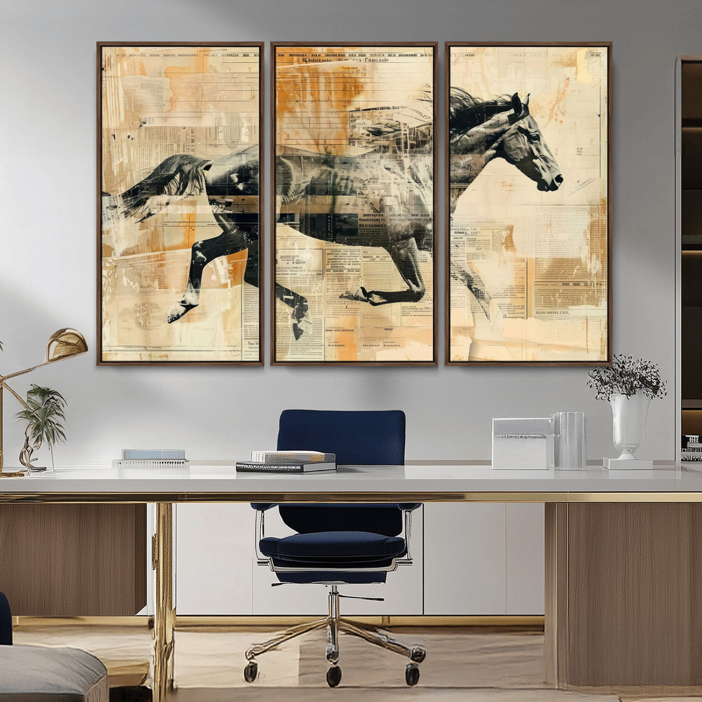 22364-MGV-FC-48X32-3P_Walnut-Chines Style Running Horse Western Wall Art | Farmhouse Wall Decor | Ready to Hang Framed Canvas