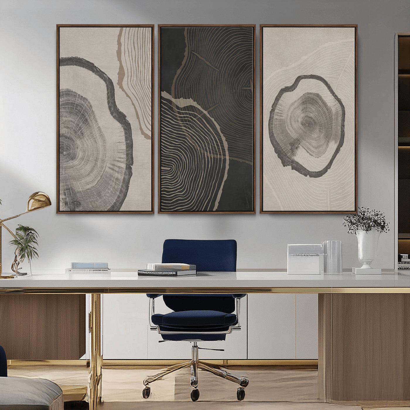 25407-MGV-CV-36X24-Modern Abstract Tree Ring Canvas Art Set | 3 Panel Large Tree Ring Design for Living Room, Office,