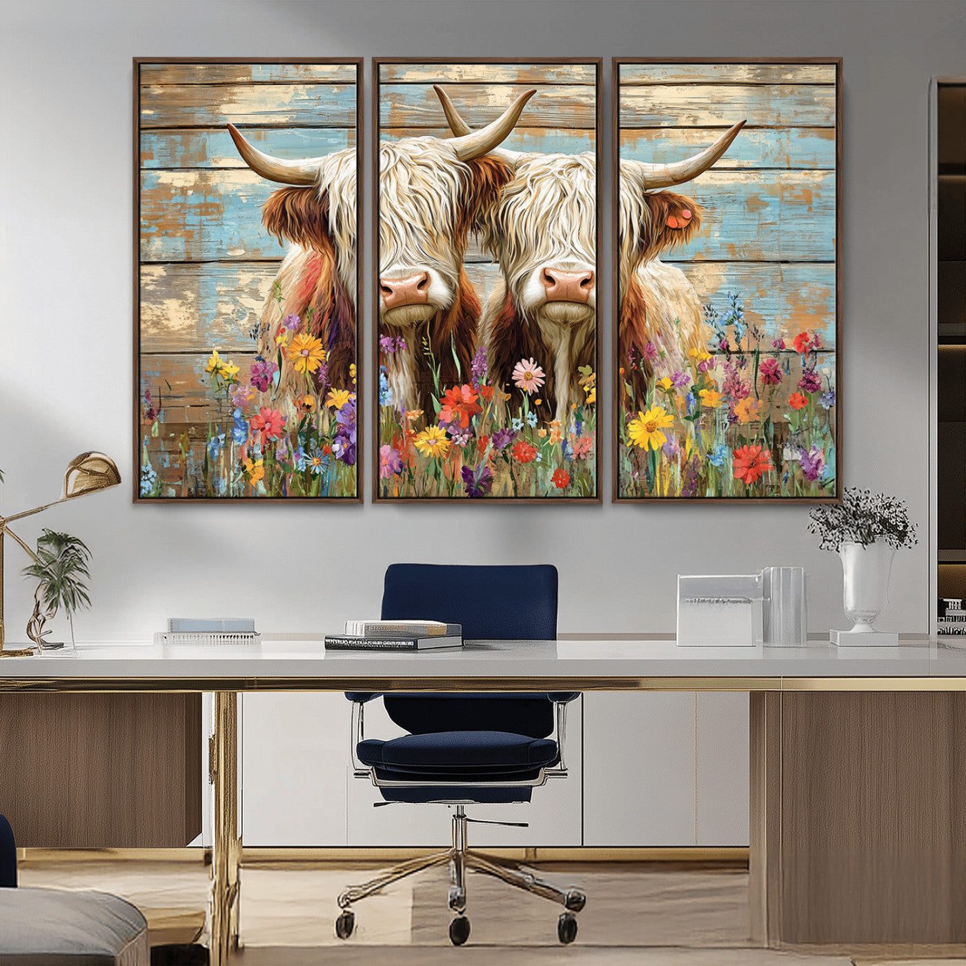 36972-MGV-CV-36X24 - Cute Highland Cow Canvas Wall Art - Rustic Farmhouse Decor with Colorful Flowers Perfect Wall Art