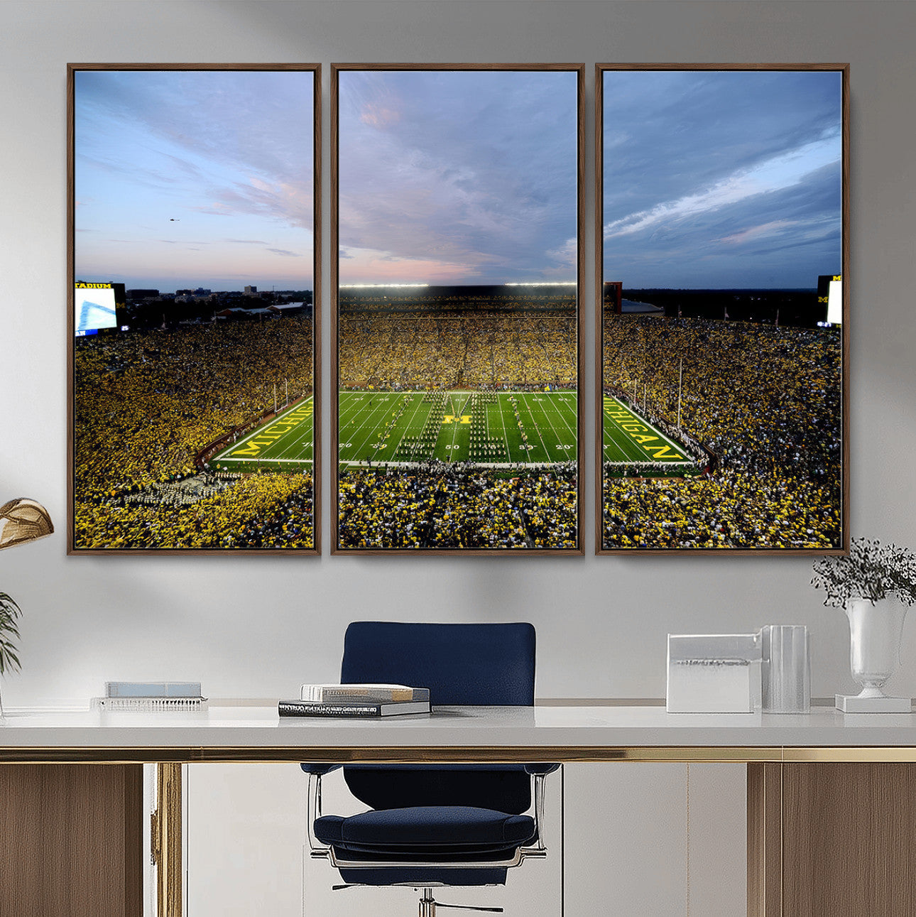 82641-MGV-FC-48X32-3P - Michigan Stadium Wall Art Canvas Print, Vibrant Game Day Crowd and Sunset Sky Football Field Artwork for Home, Office