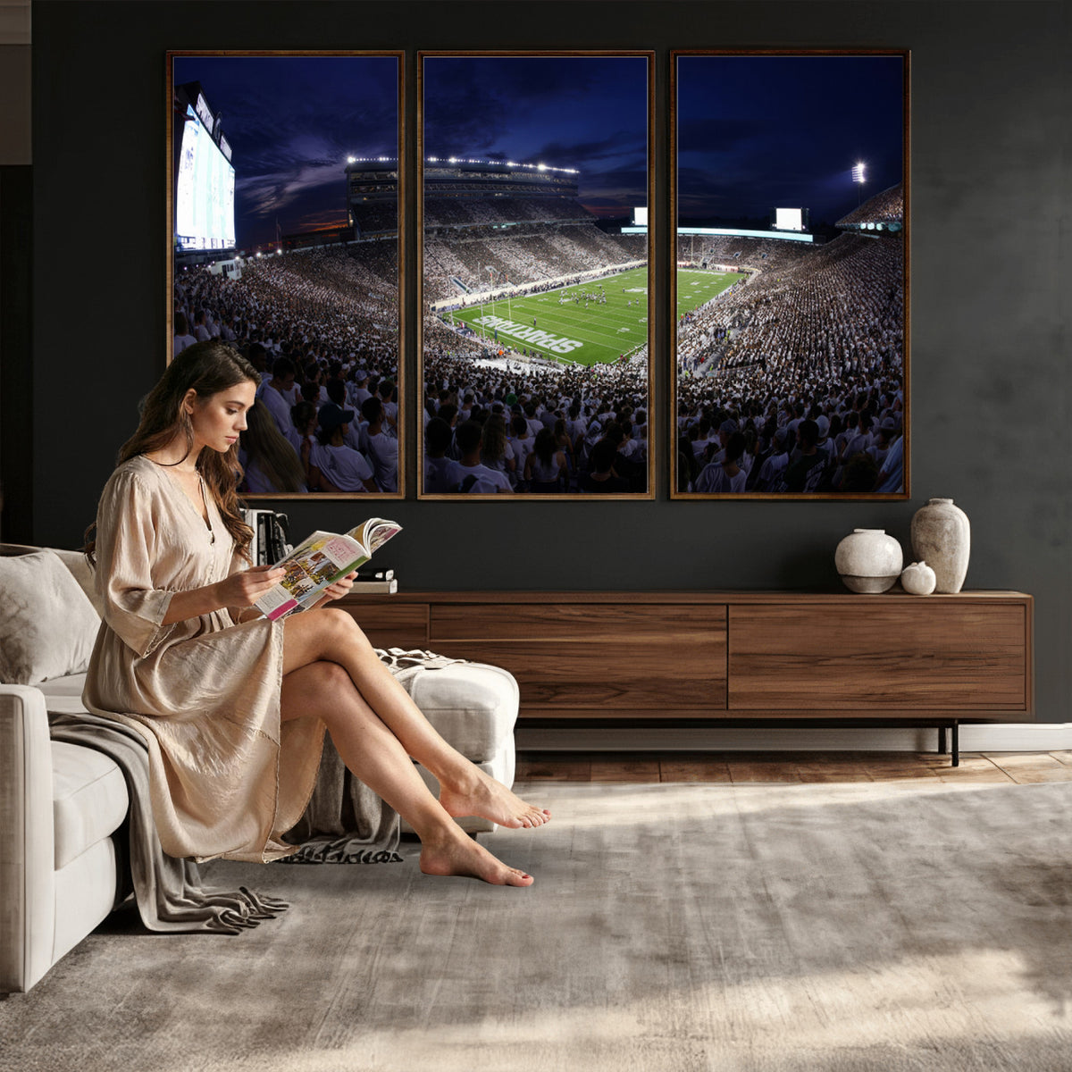 75193-PAN-FL-20X10 - Michigan State Spartans Canvas, Framed Football Team Print - East Lansing Spartan Stadium Wall Art