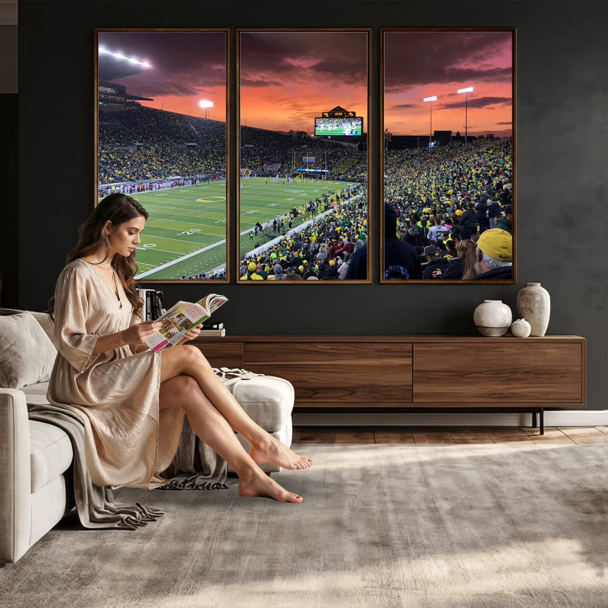 75065-PAN-FL-20X10 - Eugene Autzen Stadium Canvas Wall Art Print – Sunset Over Iconic Football Field Wall Decor for Home