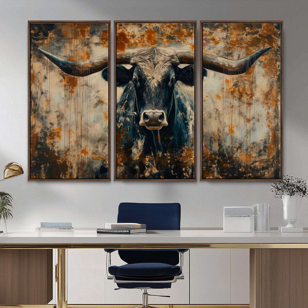 85913-MGV-FC-48X32-3P_Walnut-Longhorn Wall Art – Rustic Western Bull Canvas Print, Modern Farmhouse Animal Decor for Living Room, Office, or Ranch House