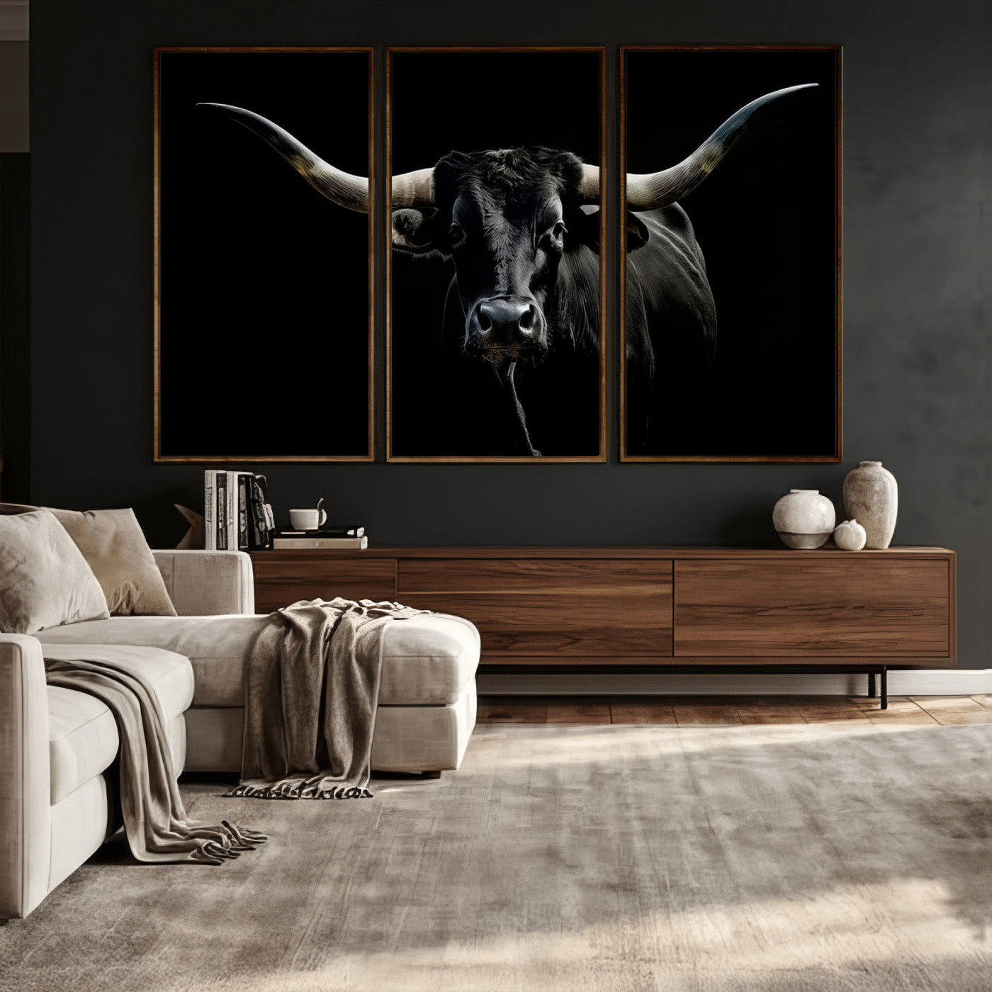 20679-MGV-CV-36X24 - Texas Black Longhorn Bull Wall Art Canvas Print - Western Texas Cattle Rustic Decor Print - Longhorn