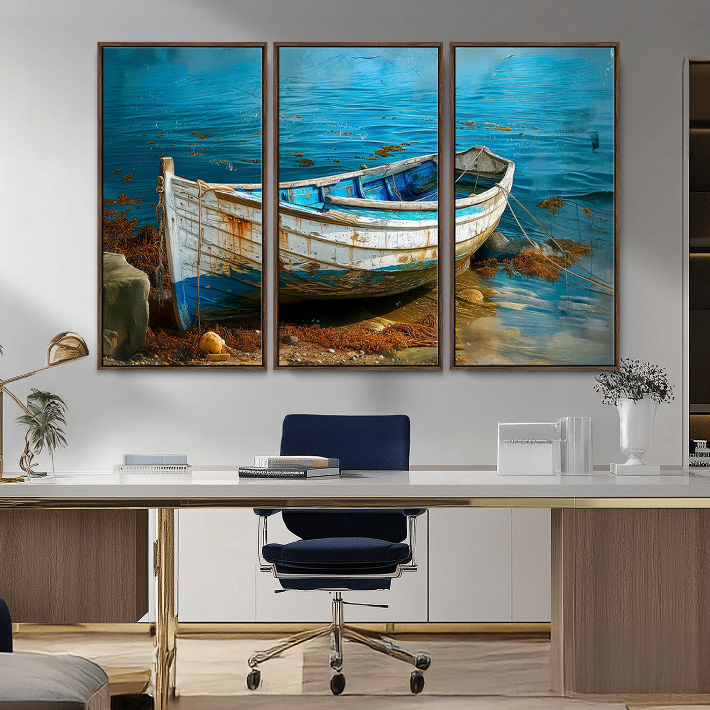 54716-MGV-CV-36X24-Vintage Boat on Tranquil Waters | Coastal Wall Art for Nautical Decor | Rustic Triptych Canvas Print