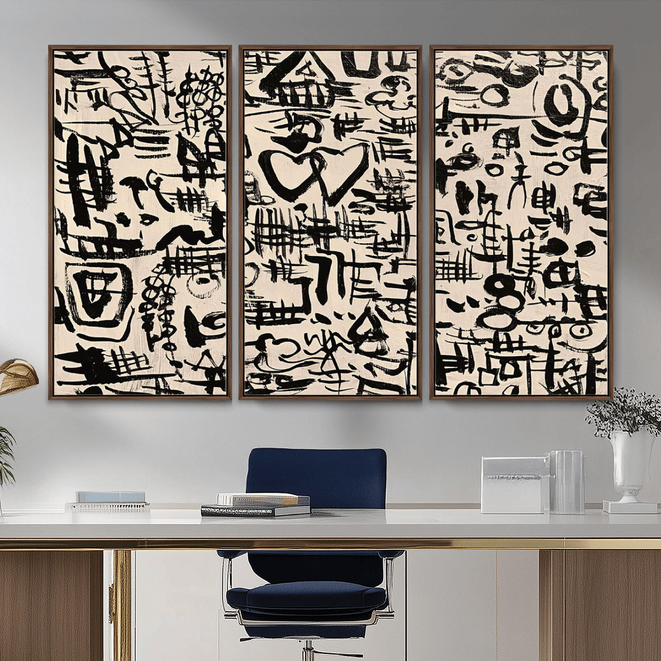 68273-MGV-FC-48X32-3P - Abstract Love and Chaos Canvas Print, Black Symbols on Beige