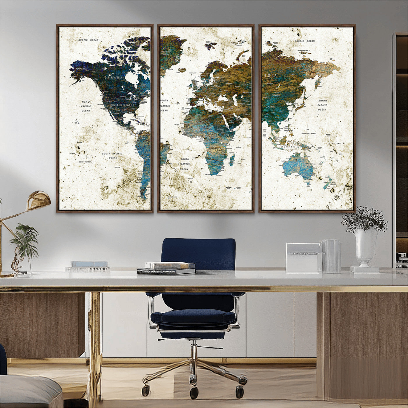 89176-MGV-CV-36X24-Vintage Blue and Brown World Map Canvas Wall Art – Framed Rustic Map Print, Earth Tone Travel Decor for Stylish Home and Office Walls