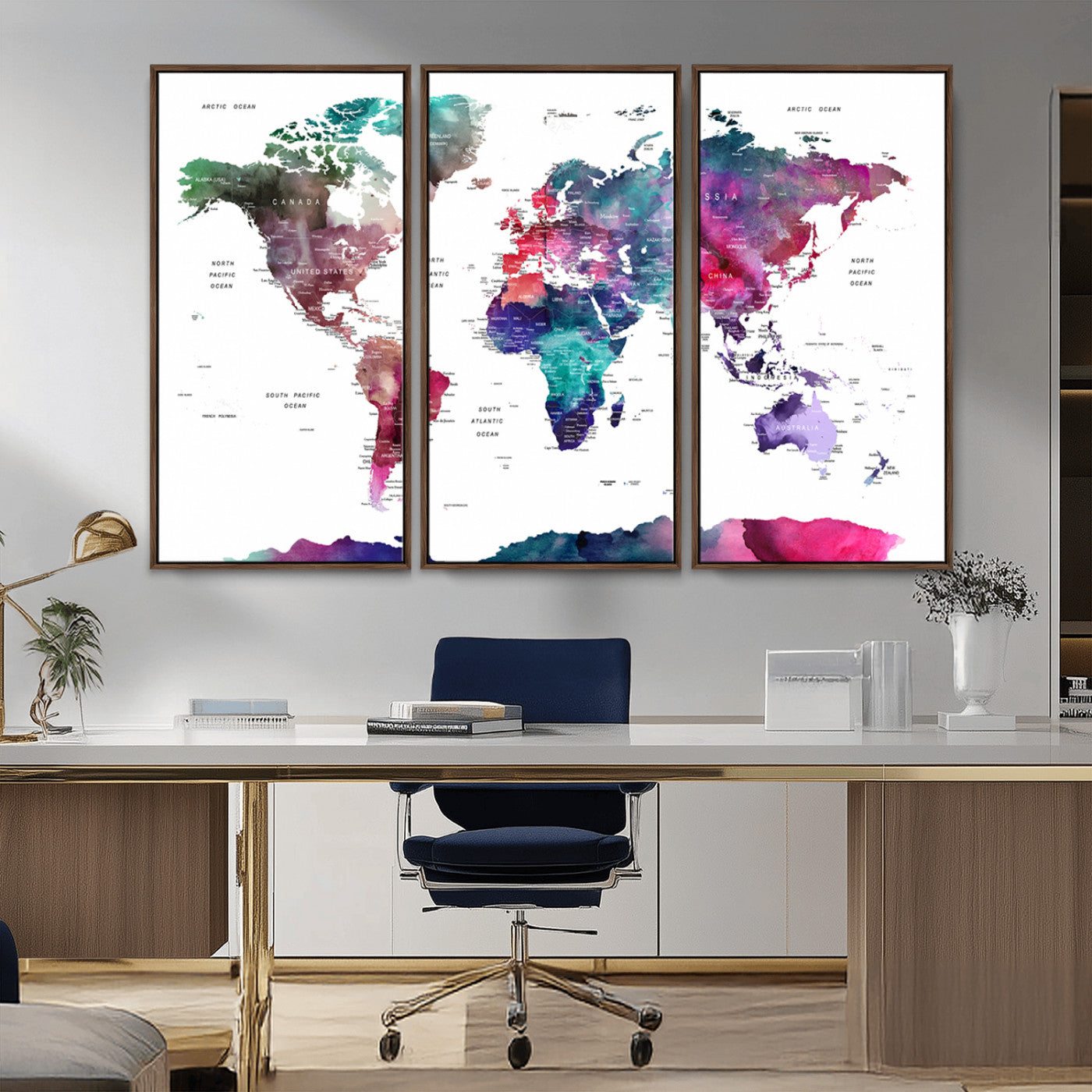 78176-MGV-CV-36X24-Colorful Watercolor World Map Canvas Wall Art – Framed Modern Map Print, Vibrant Travel Inspired Artwork for Home and Office Decor