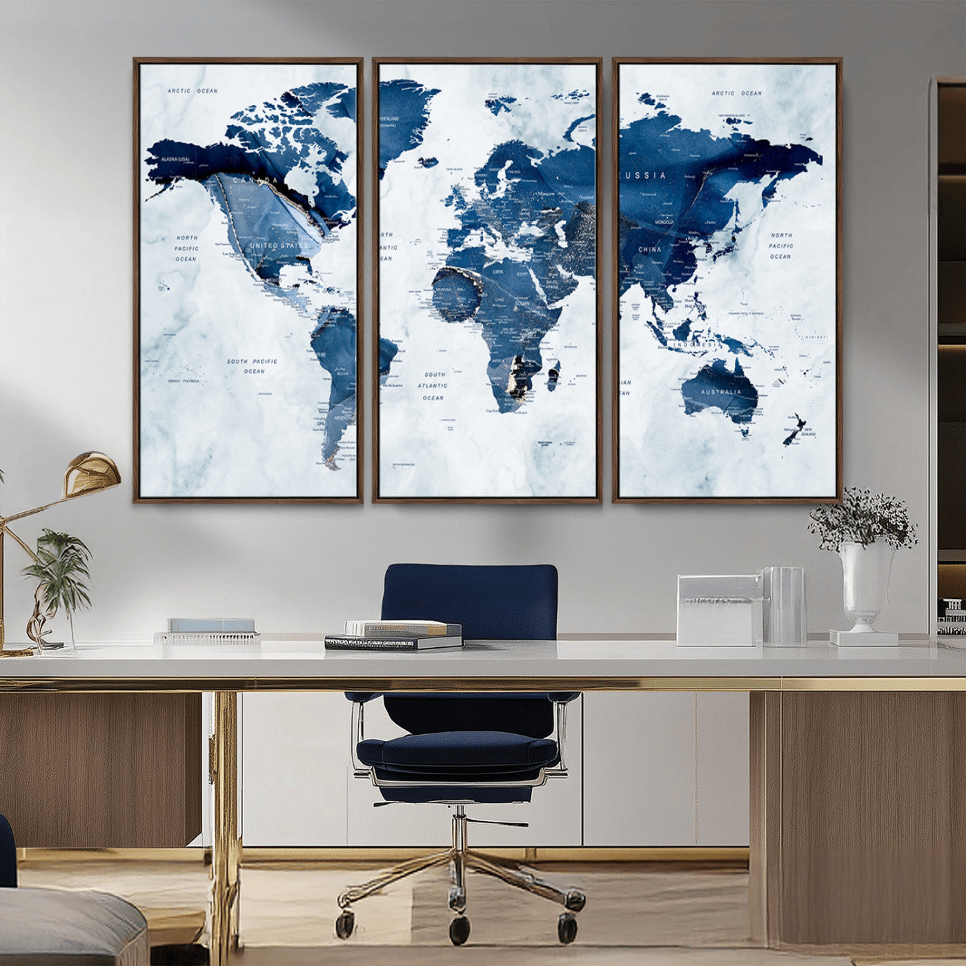 -Modern Blue Marble World Map Canvas Print – Framed Push Pin Wall Art, Elegant Travel Map Artwork for Home Office or Living Room Decor