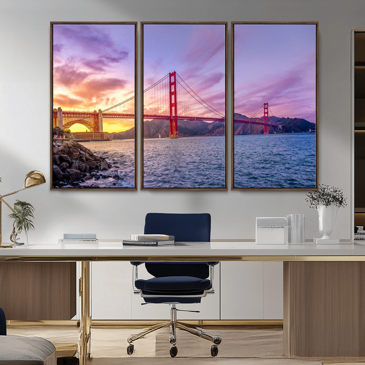 -Golden Gate Bridge Wall Art Canvas Print – Framed San Francisco Sunset Scene with Cityscape Artwork for Home, Office