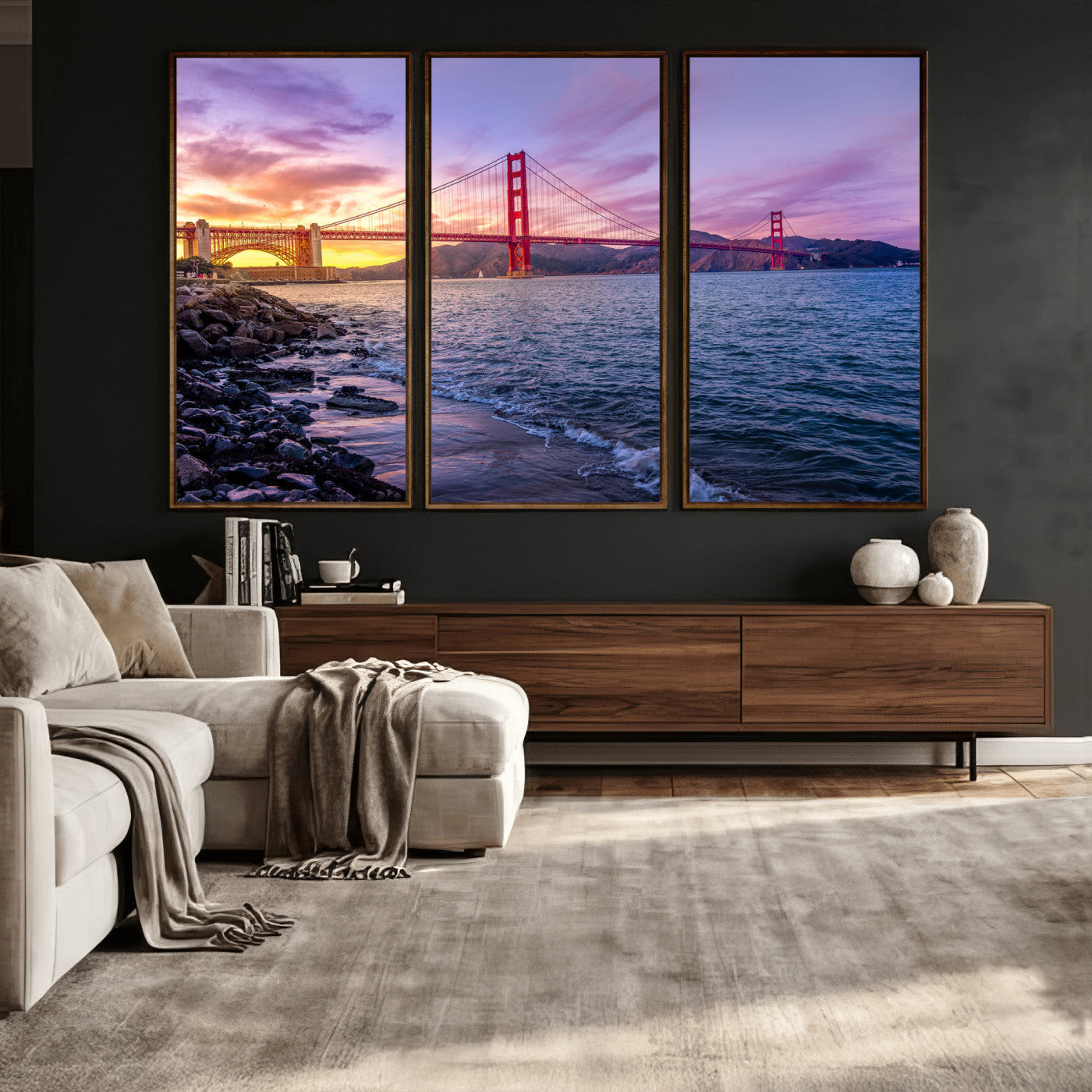 24256-MGV-CV-36X24 - Golden Gate Bridge Wall Art Print, San Francisco Sunset Canvas Wall Art, Cityscape Canvas Print for