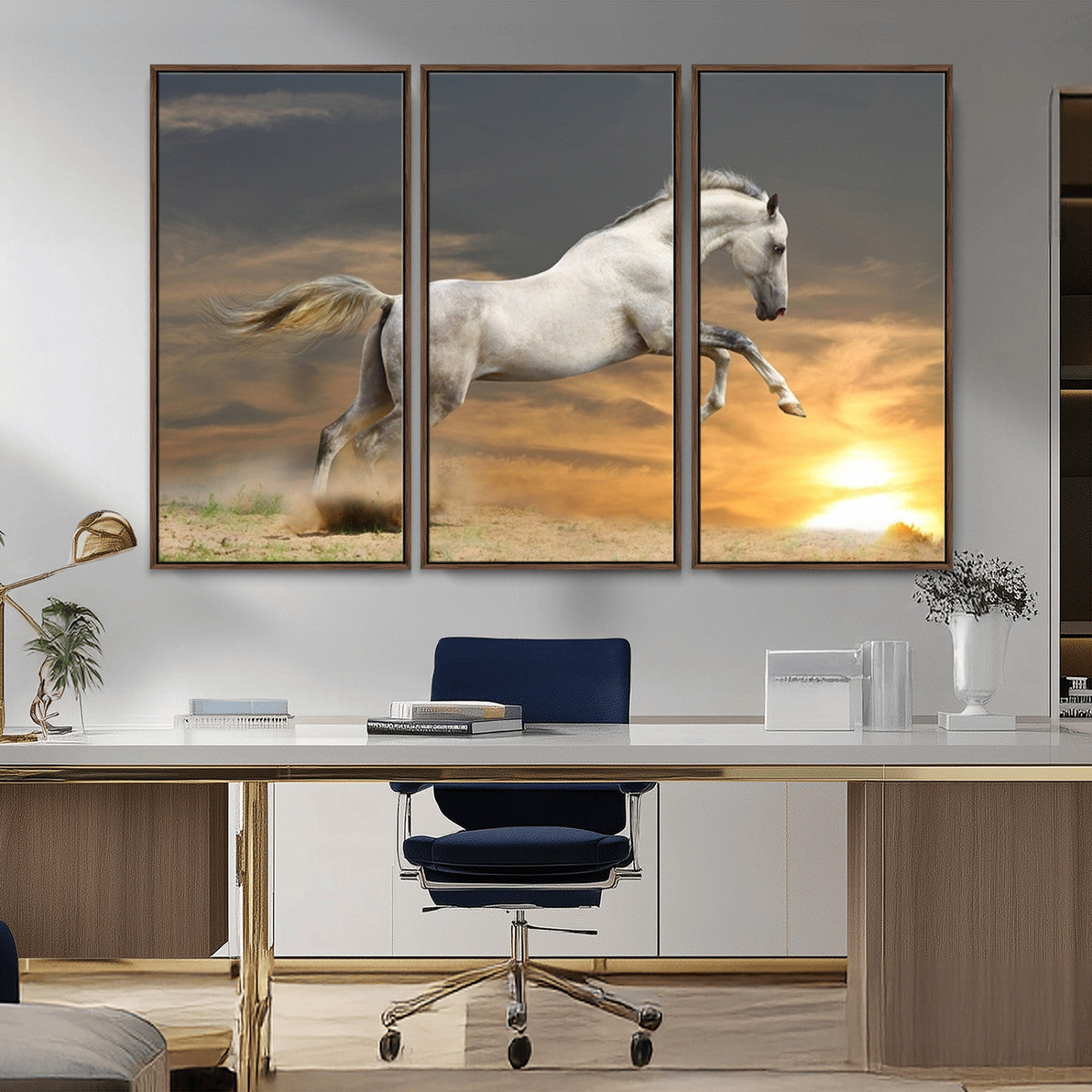 -Large Wall Art Canvas Print – White Jumping Horse Sunset Scene Animal Artwork for Home, Office, Living Room Decor