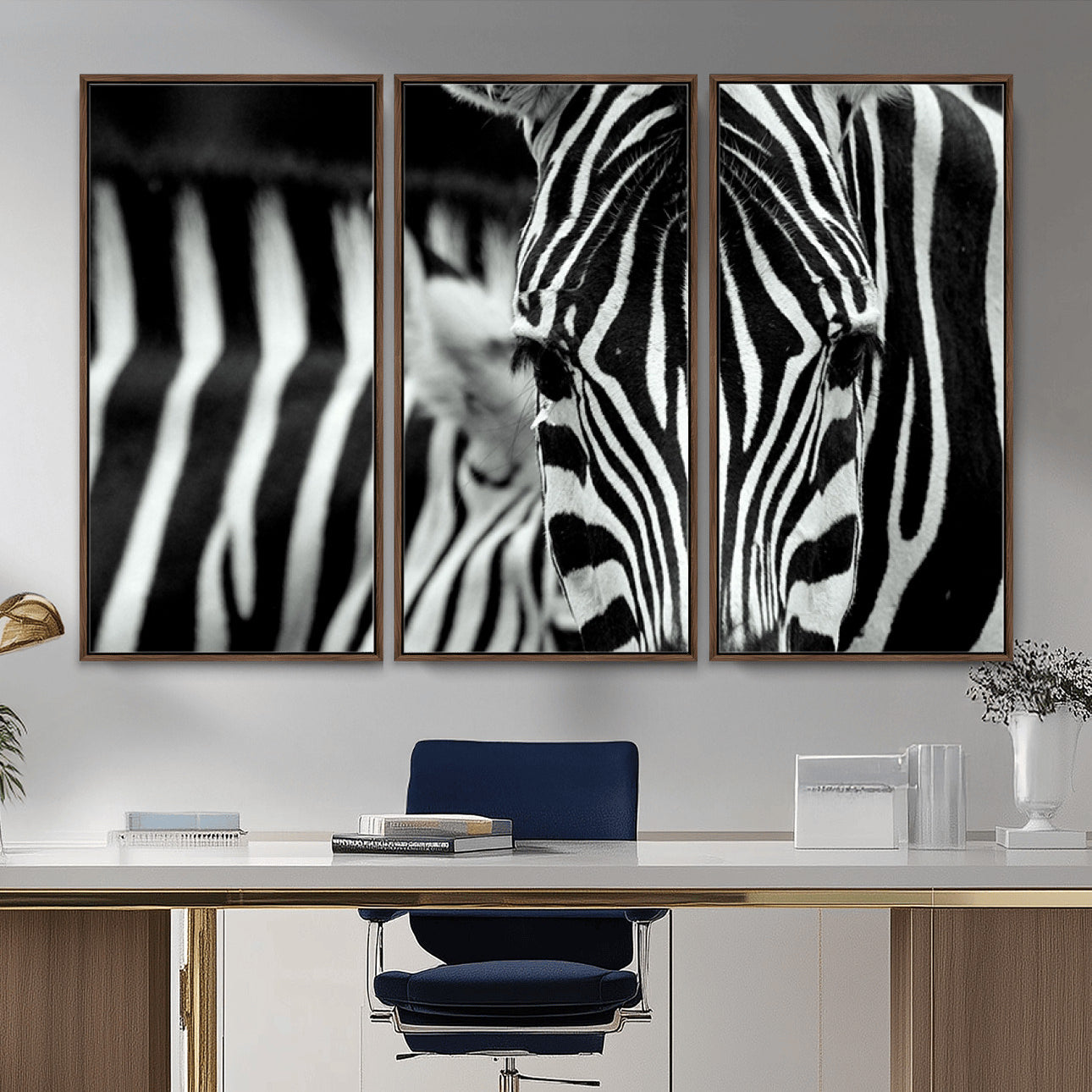 MGV-FC-48X32-3P - Zebra Wall Art – Close Up Black and White Animal Print, Bold Safari Decor for Living Room, Office, or Bedroom