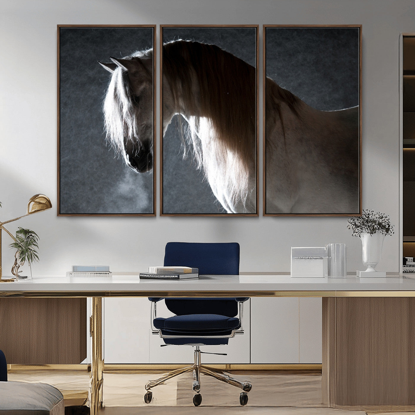 -Large Wall Art Cream Colored Horse on Grey Background Canvas Print