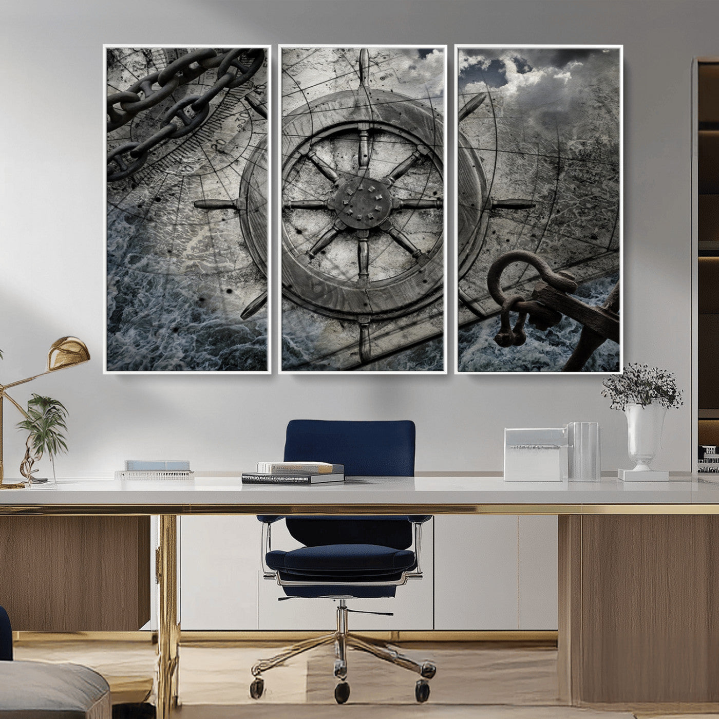 -Ship Steering Wheel Vintage Wall Art Canvas Print
