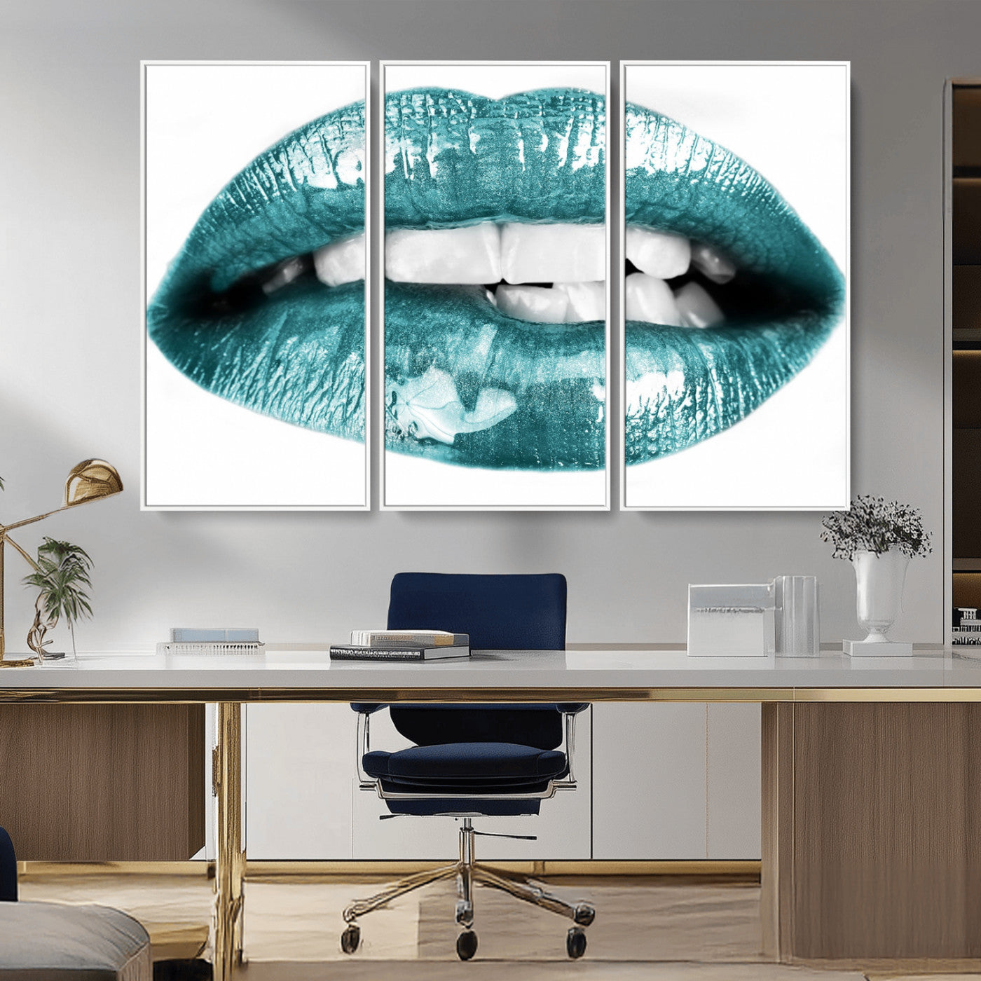 -Blue Lips Wall Art Canvas Print