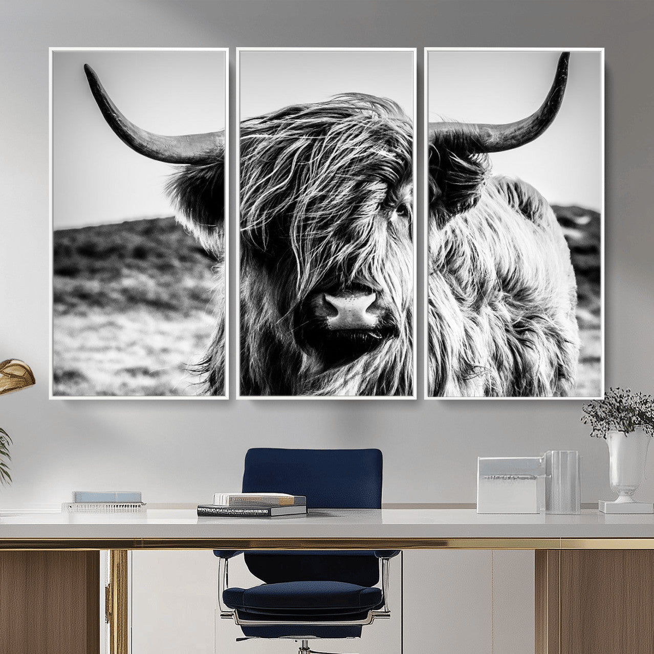 54309-MGV-CV-36X24 - Black and White Scottish Cow Canvas Wall Art Highland Cattle Canvas Print Framed Ready to Hang Original Cotton Canvas High Quality Image Multi Panel Wall Art Printable Artwork for Walls
