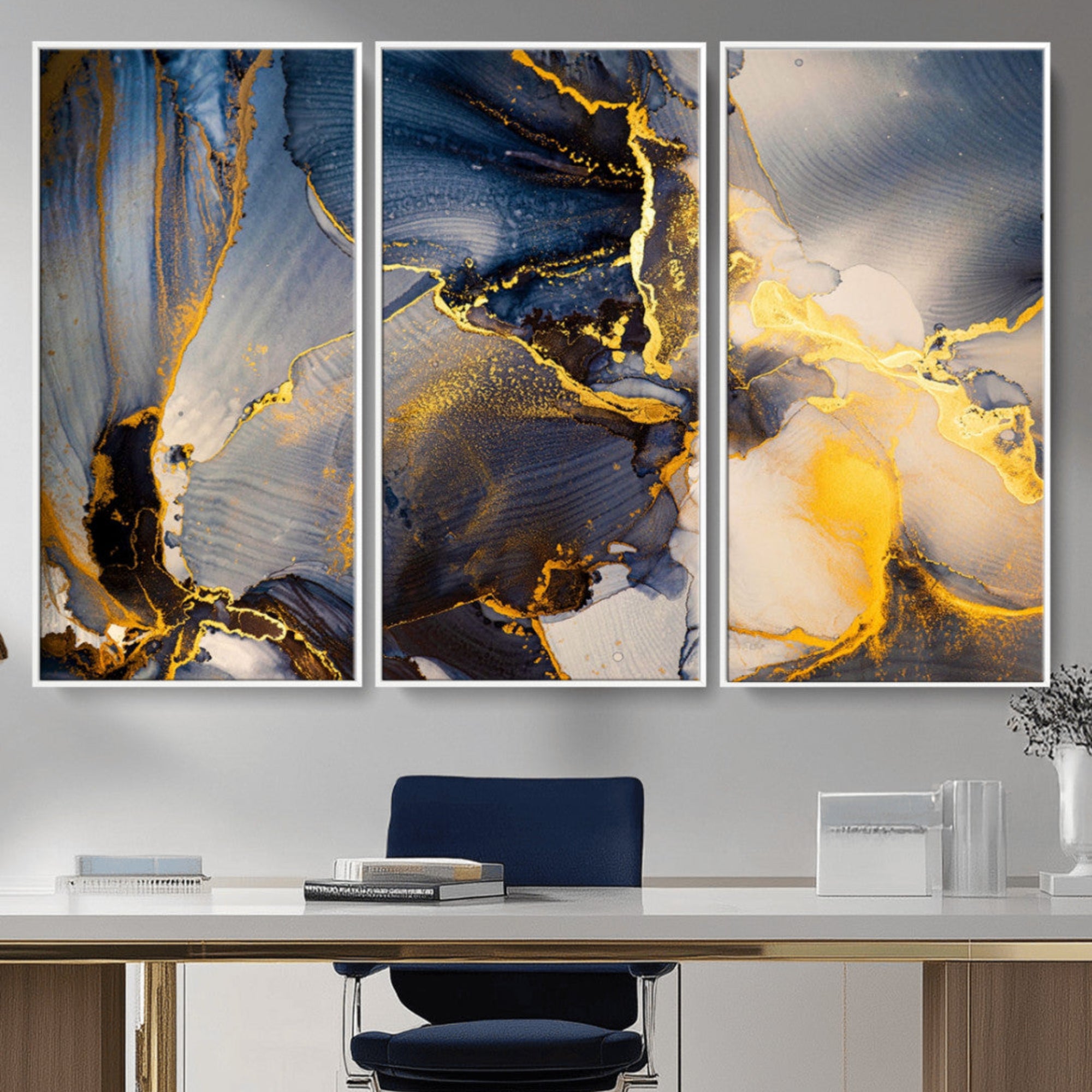 42100-MGV-CV-36X24-Large Abstract Wall Art Print - Gold and Blue Abstract Canvas Wall Art | Fluid Ink Modern Luxury