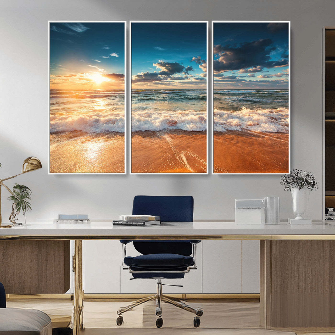 -Golden Sunset Beach Triptych Canvas Art, Giclee Coastal Wall Decor, Ocean Waves Print, Modern Beach