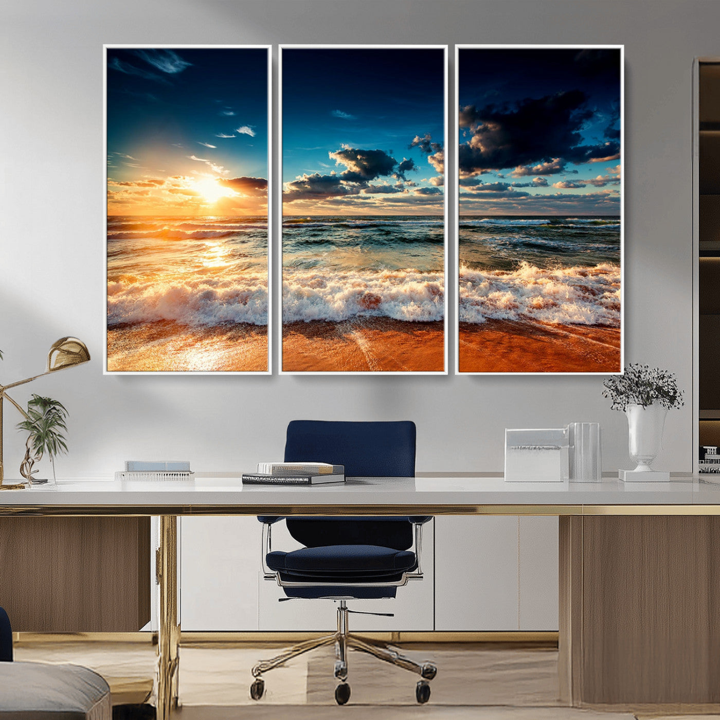 -Golden Hour Sunset Over Ocean Waves Wall Art Canvas Print | 3 Panel Coastal Landscape Canvas Wall