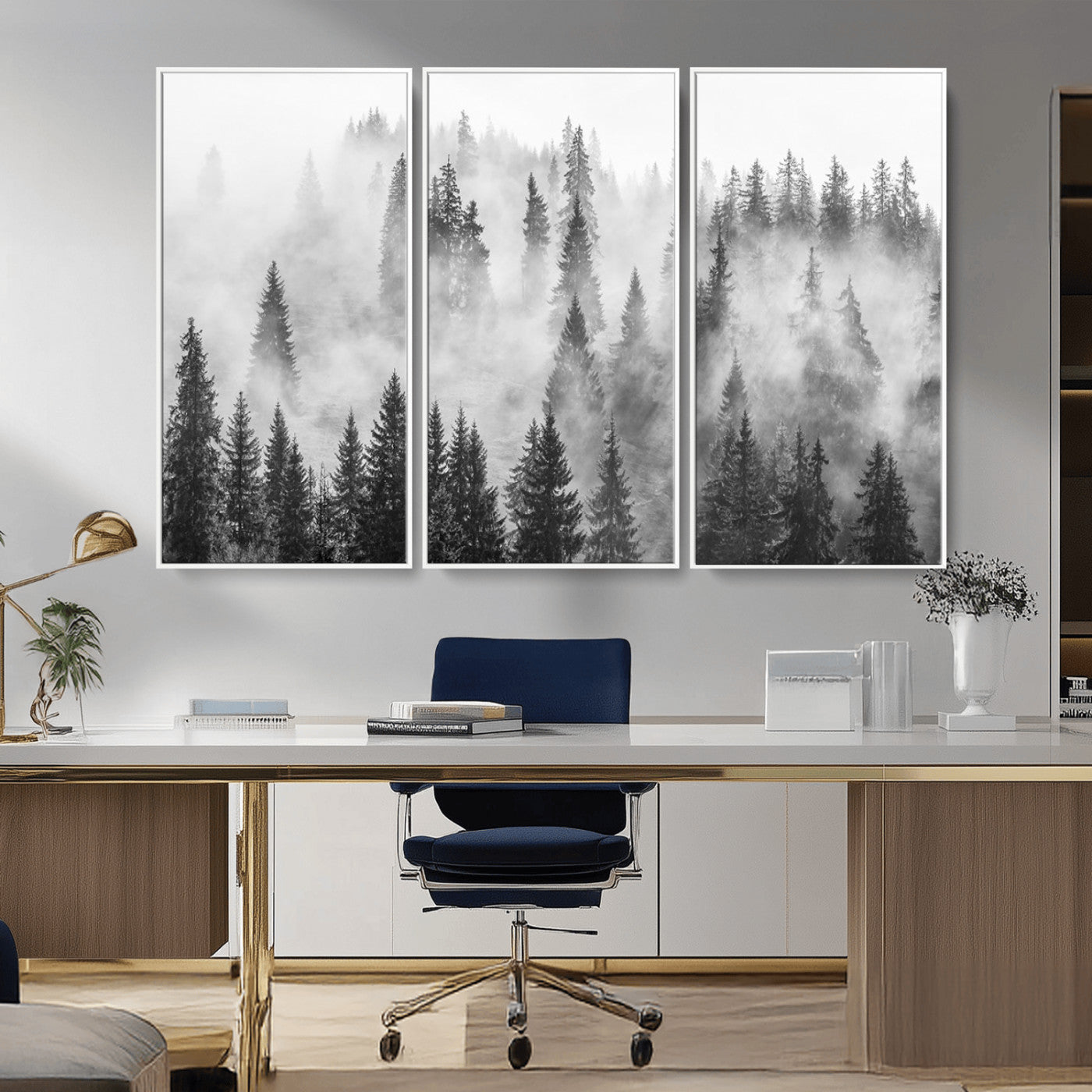 10422-MGV-FC-48X32-3P_White-Forest Wall Art Print | Foggy Pine Forest Canvas Wall Art - Black and White Nature Decor for Living Room, Office