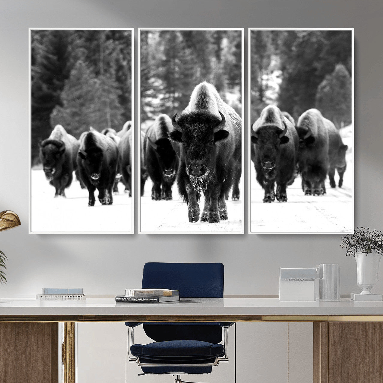 62434-MGV-CV-36X24 - Bison Herd in Snow Wall Art Canvas Print | Rustic Western Bison Wall Art for Decor for Living Room