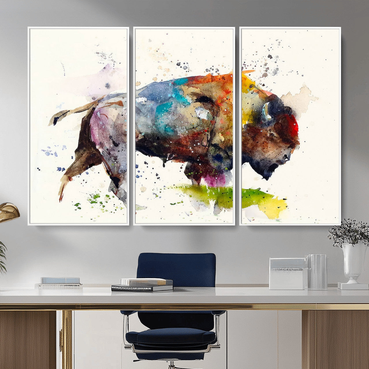 44504-MGV-CV-36X24 - Abstract Buffalo Wall Art, Western Watercolor Bison Canvas Print, Rustic Buffalo Art for Cowboy and
