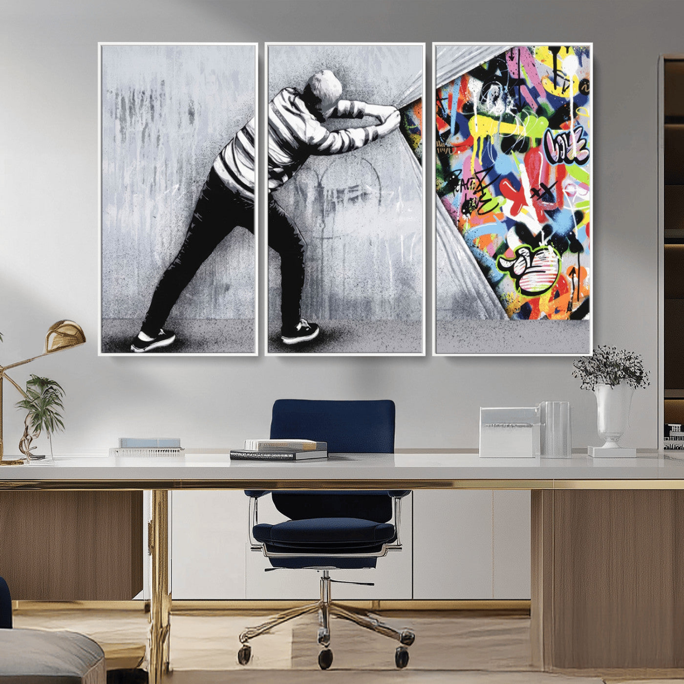 52252-MGV-CV-36X24-Banksy Art Behind the Curtain Street Wall Art Canvas Print | 3-Panel Urban Graffiti-Inspired Wall