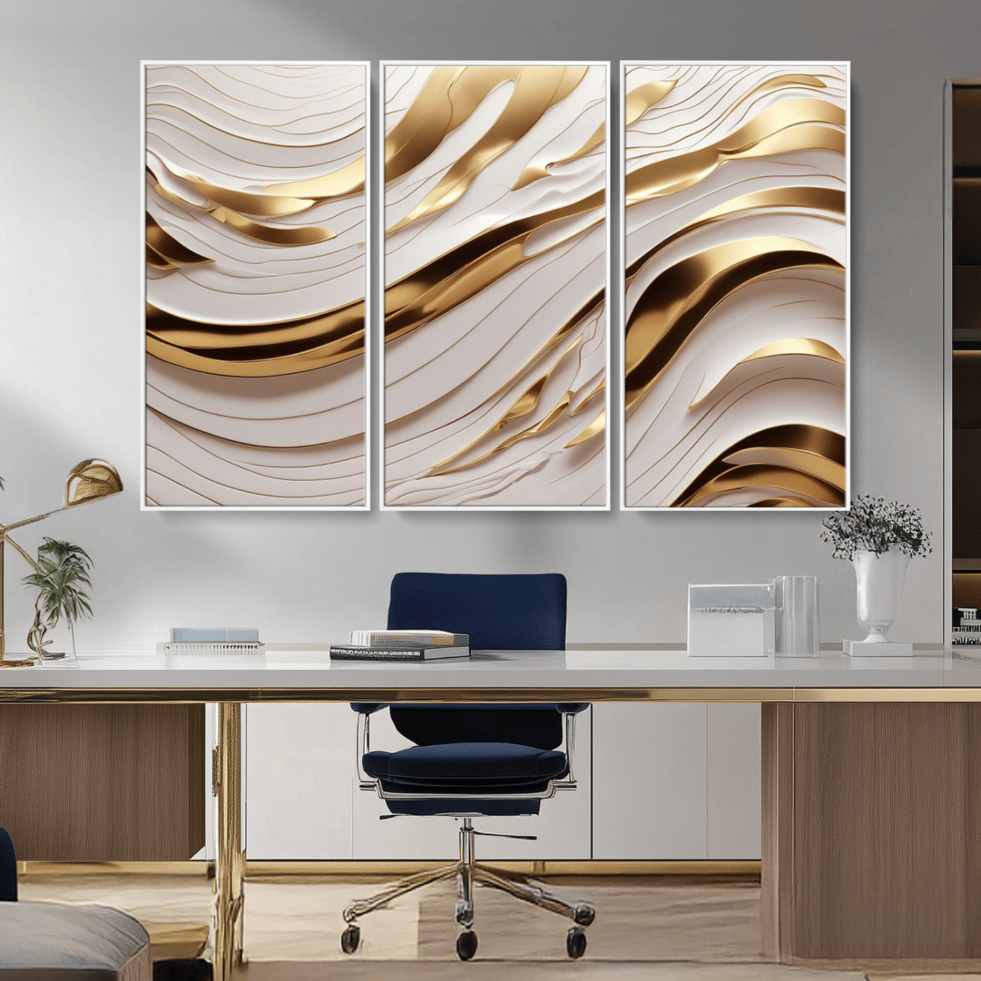 81197-MGV-CV-36X24-Gold and White Abstract Wave Canvas – Elegant Flowing Design with Luxurious Golden Accents –