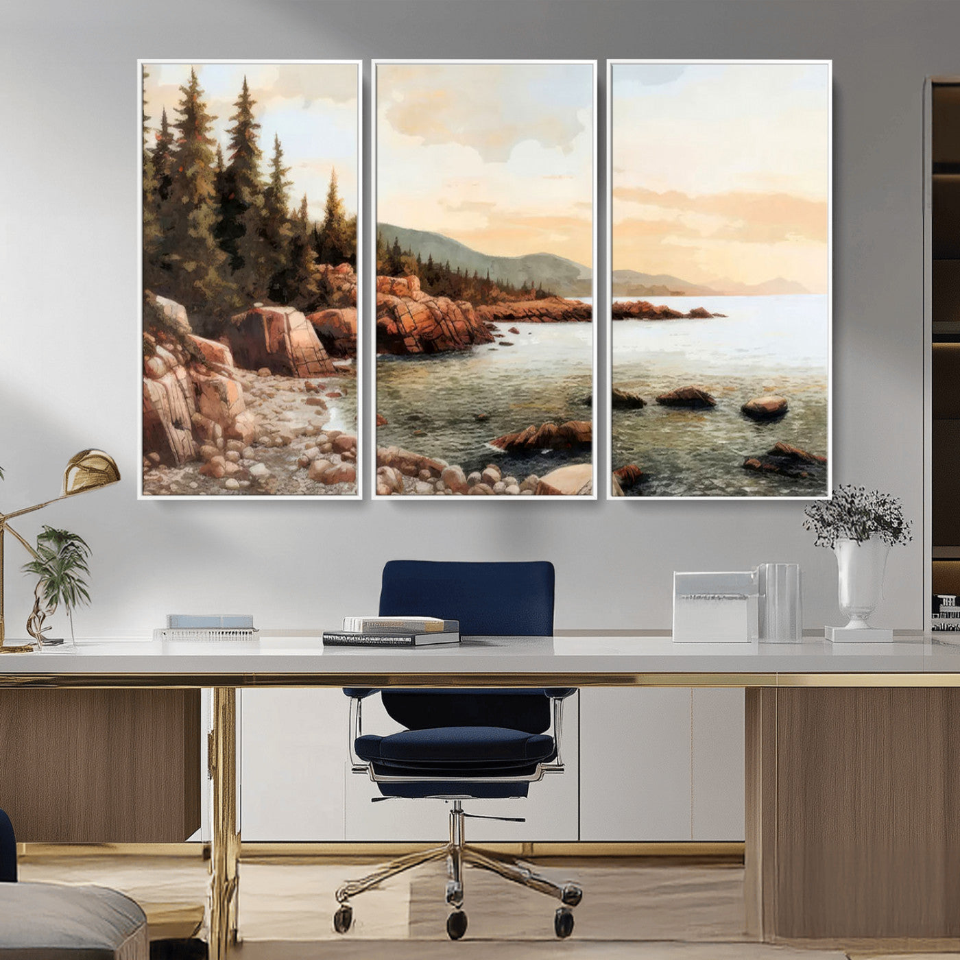 77145-MGV-FC-48X32-3P_White-Serene Coastal View of Acadia National Park Wall Art - Stunning 3-Panel Wall Art Canvas Print,