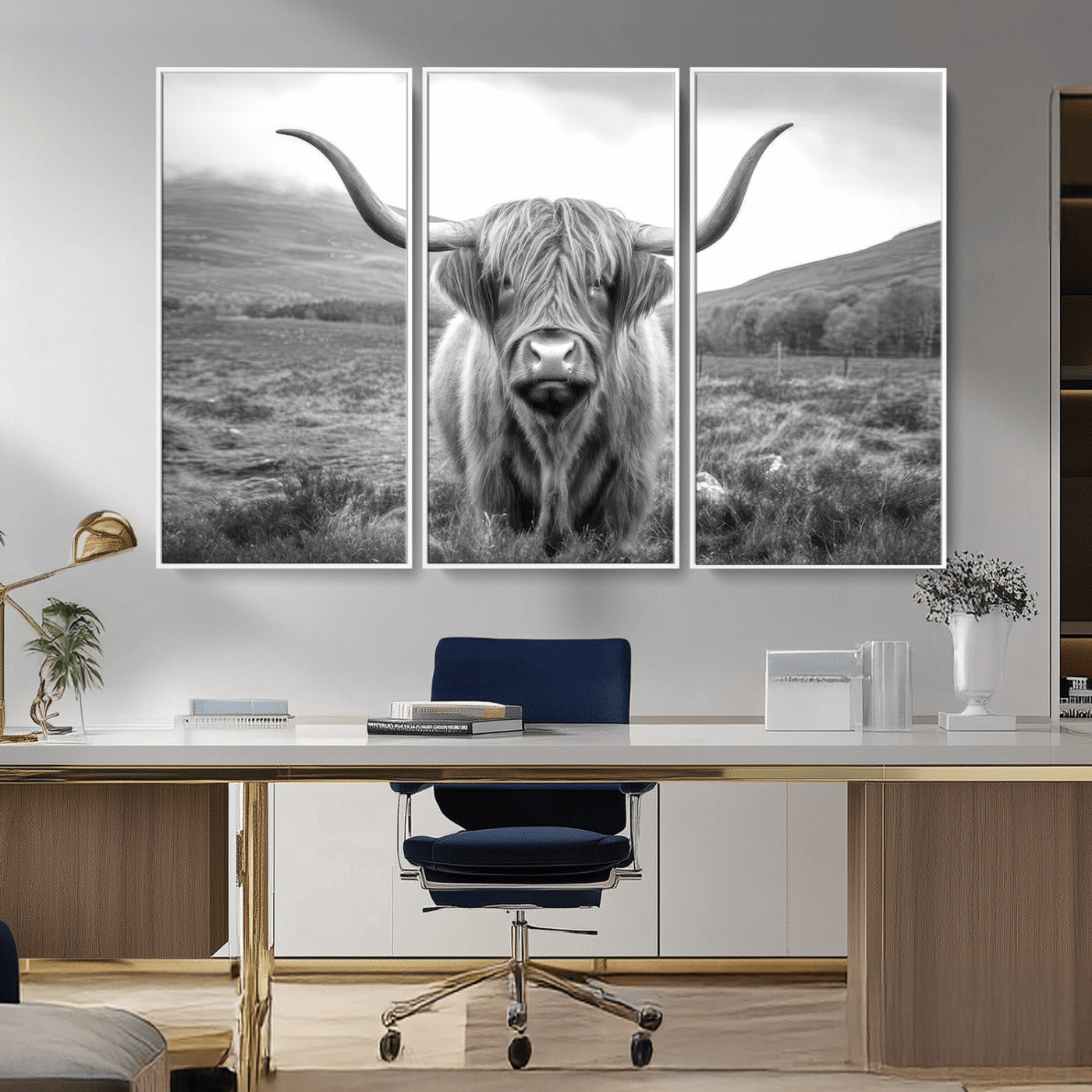 52903-MGV-FC-48X32-3P_White-Black White Scottish Highland Cow Canvas Farm Wall Art Canvas Print Rustic Animal Art for Home, Office Decor