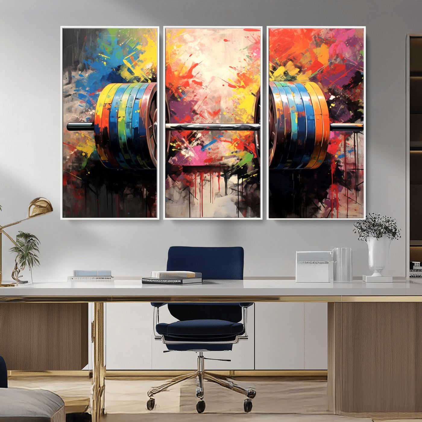 80436-MGV-FC-48X32-3P_White-Weightlifting Barbell Art Triptych, Bold Abstract Fitness Wall Decor for Gym or Home, Giclee Canvas