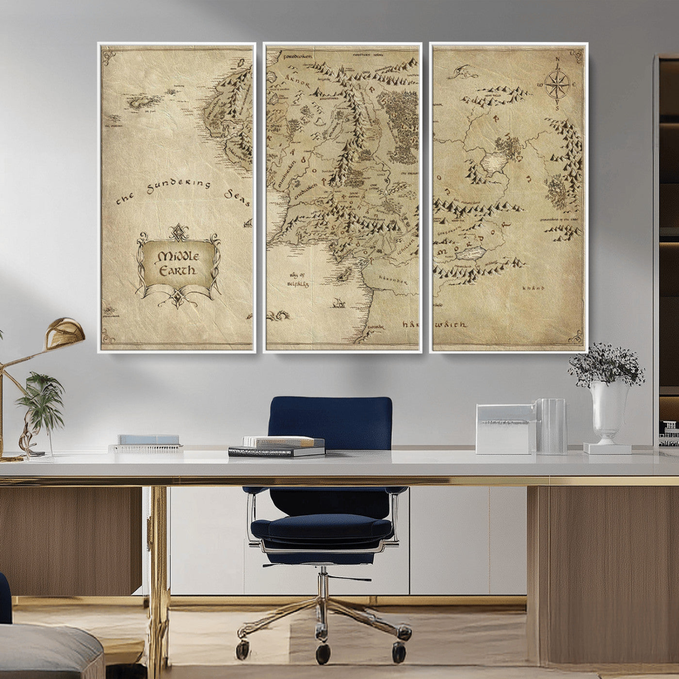 21784-MGV-CV-36X24-Vintage Middle Earth Map Wall Art Canvas – Lord of the Rings Inspired Framed Map Print, Classic Fantasy Decor for Home, Office