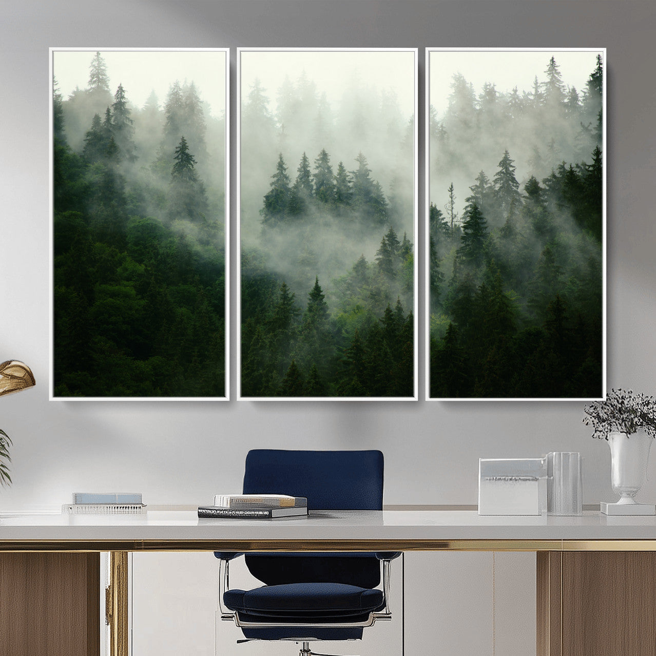 167720496-MGV-CV-36X24 - Misty Forest Mountain Wall Art Canvas | Large 3-Panel Foggy Landscape Canvas Print | Nature Misty