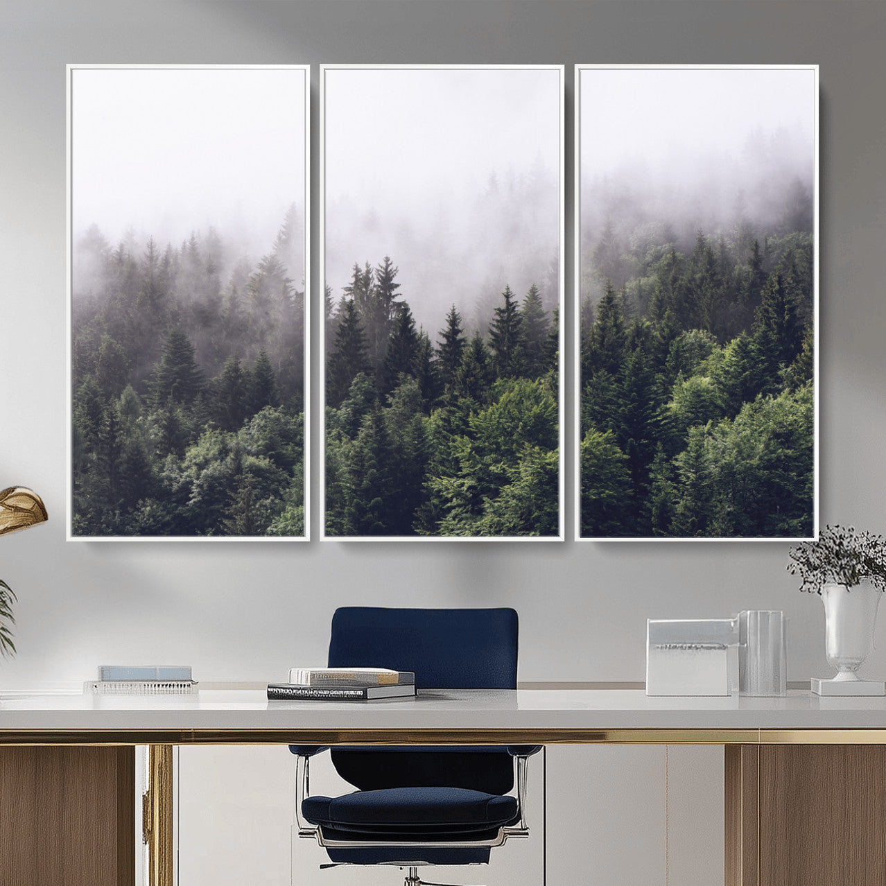 42578900-MGV-CV-36X24 - Misty Forest Canvas Wall Art – Serene Triptych Nature Print – Woodland Landscape Decor for Living