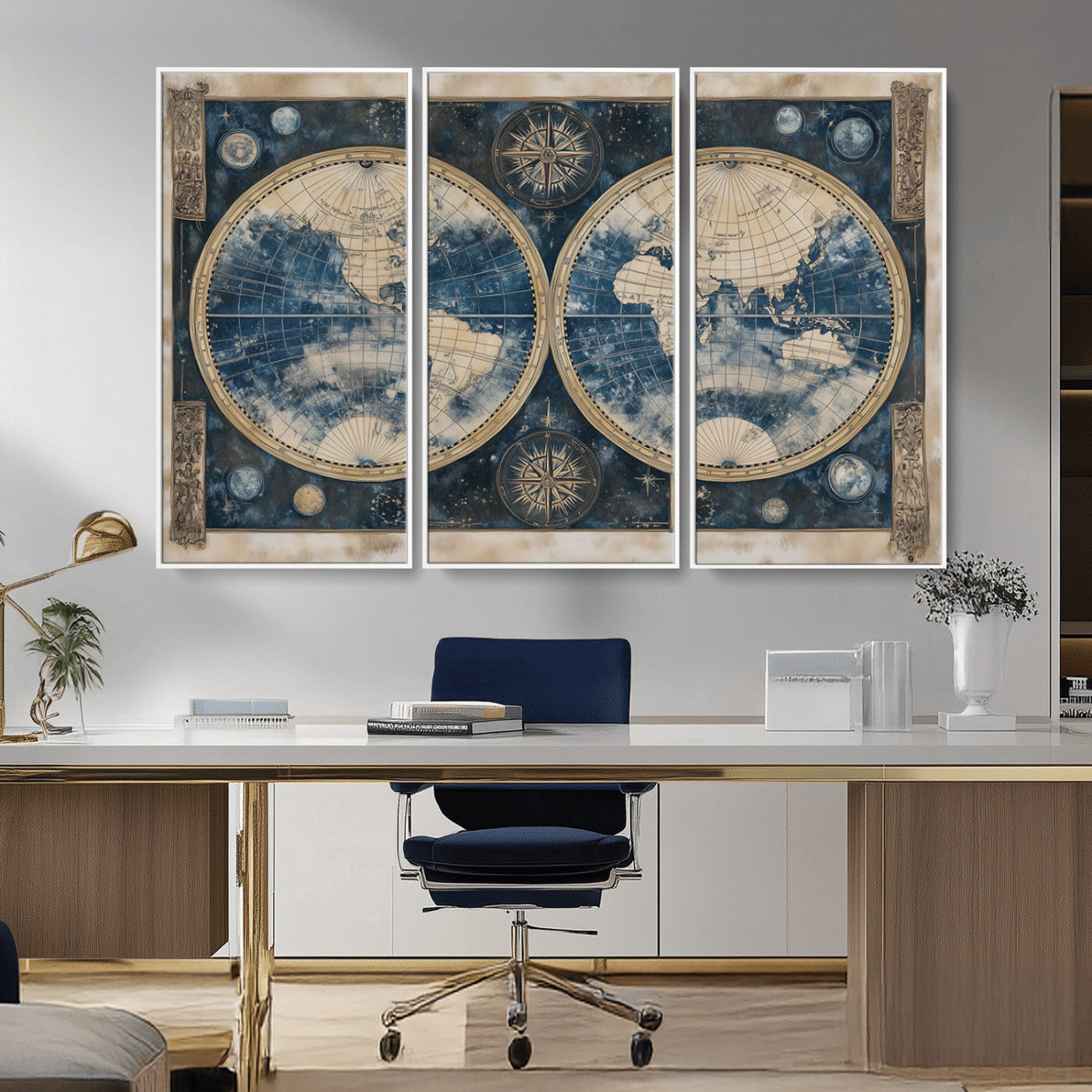 -Framed Vintage Blue World Map Canvas Print – Antique Double Hemisphere Wall Art for Home and Office Decor, Classic Explorer Map Artwork