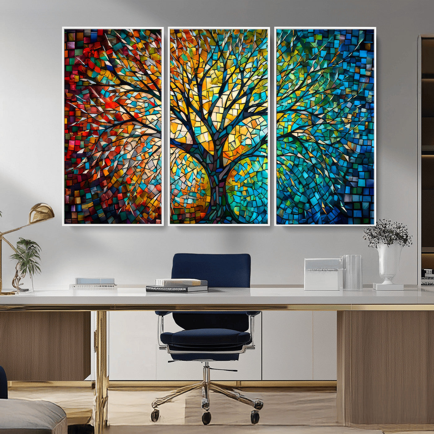 99325-MGV-CV-36X24-Yggdrasil Tree of Life Wall Art Print Canvas | Mosaic Style 3-Panel Canvas Print