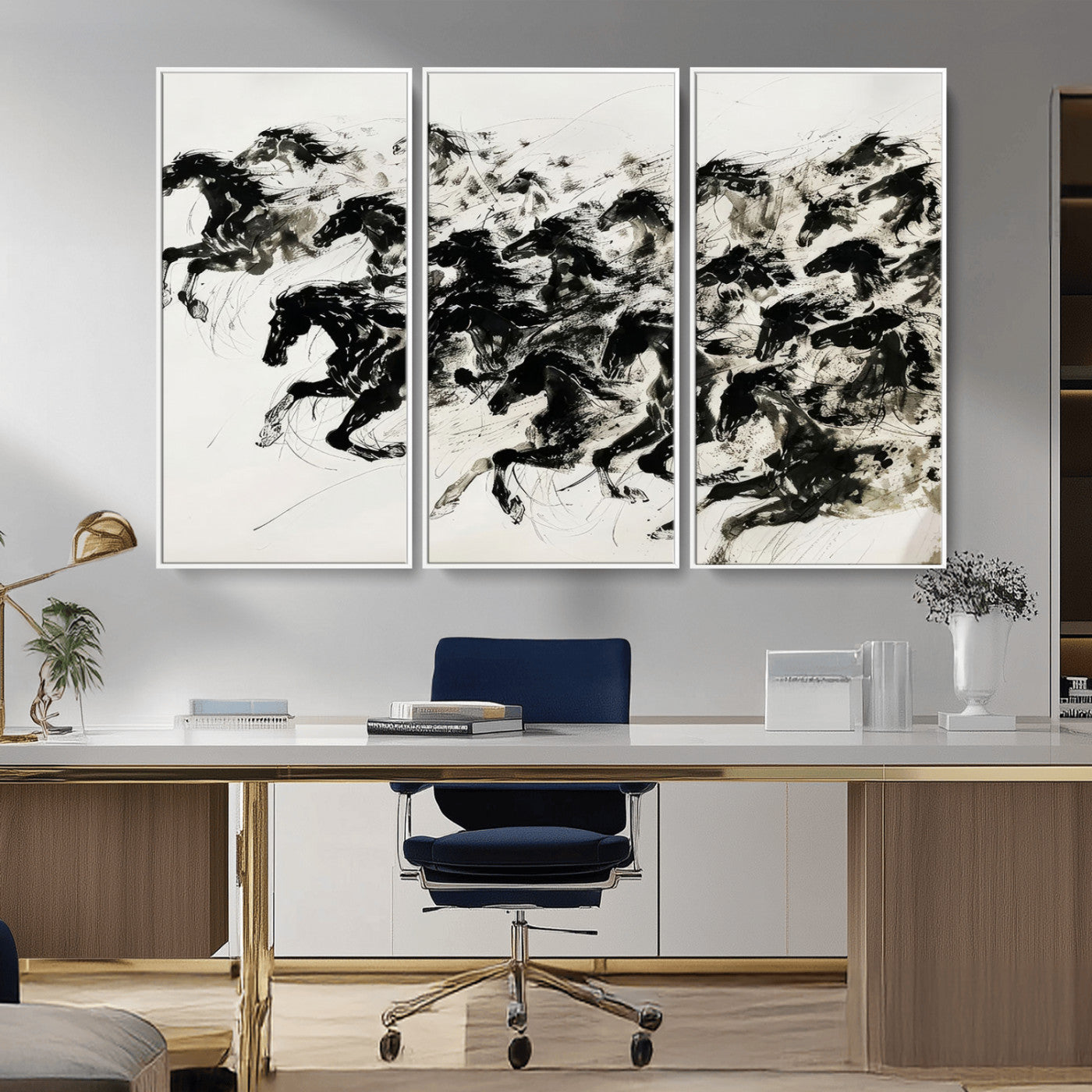 MGV-FC-48X32-3P - Abstract Horse Wall Art Canvas Print - Dynamic Black Ink Horse Print - Modern Equine Wall Decor for