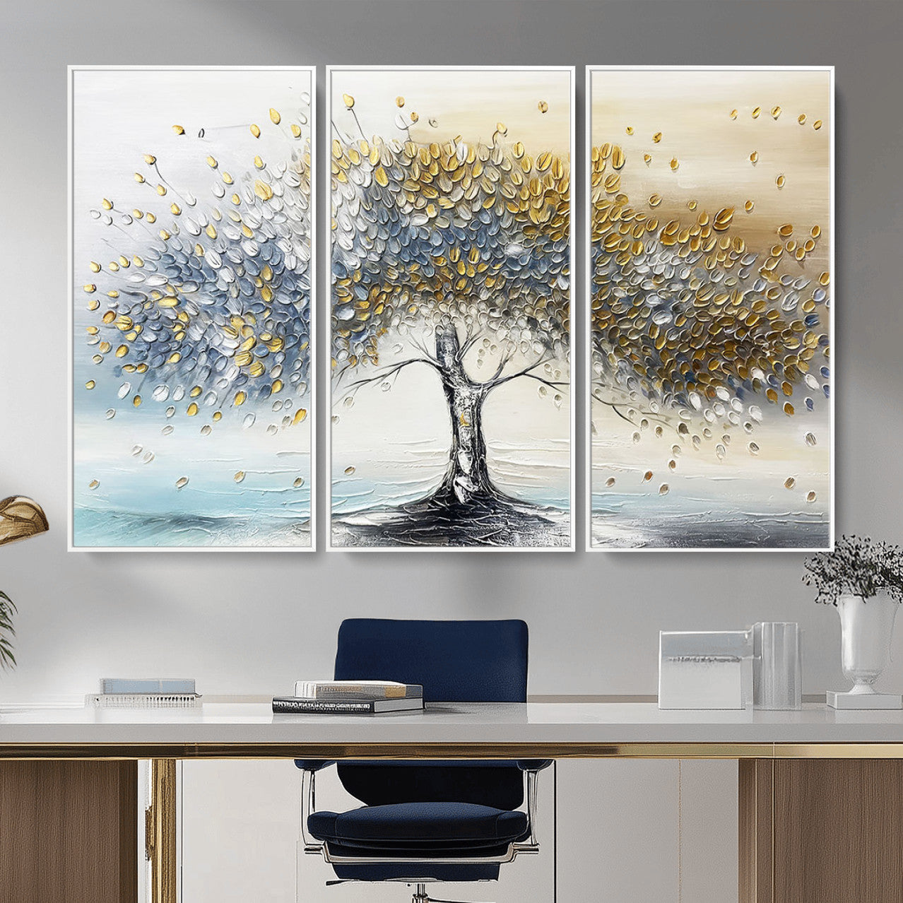 MGV-FC-48X32-3P - Golden & Silver Tree of Life Wall Art – Canvas Print with Whimsical Leaves Elegant Nature Design, Decorative Home, Office or Guest Room Decor