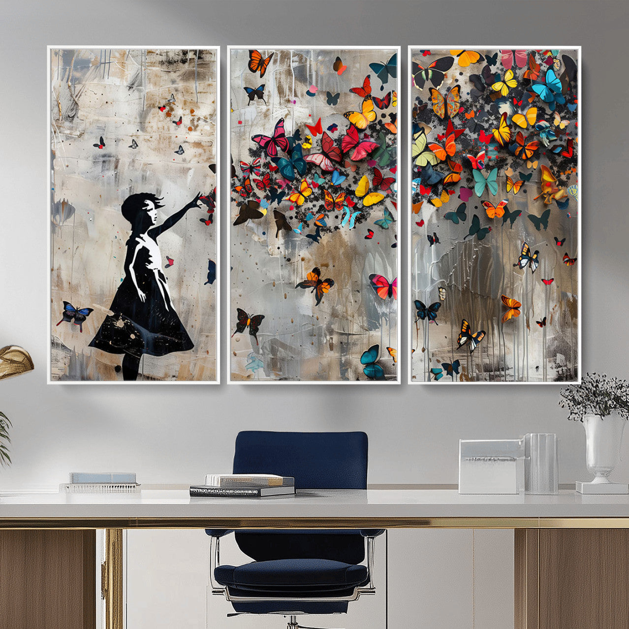 51446-MGV-CV-36X24 - Banksy Butterfly Girl Wall Art | 3-Piece Butterfly Girl Canvas