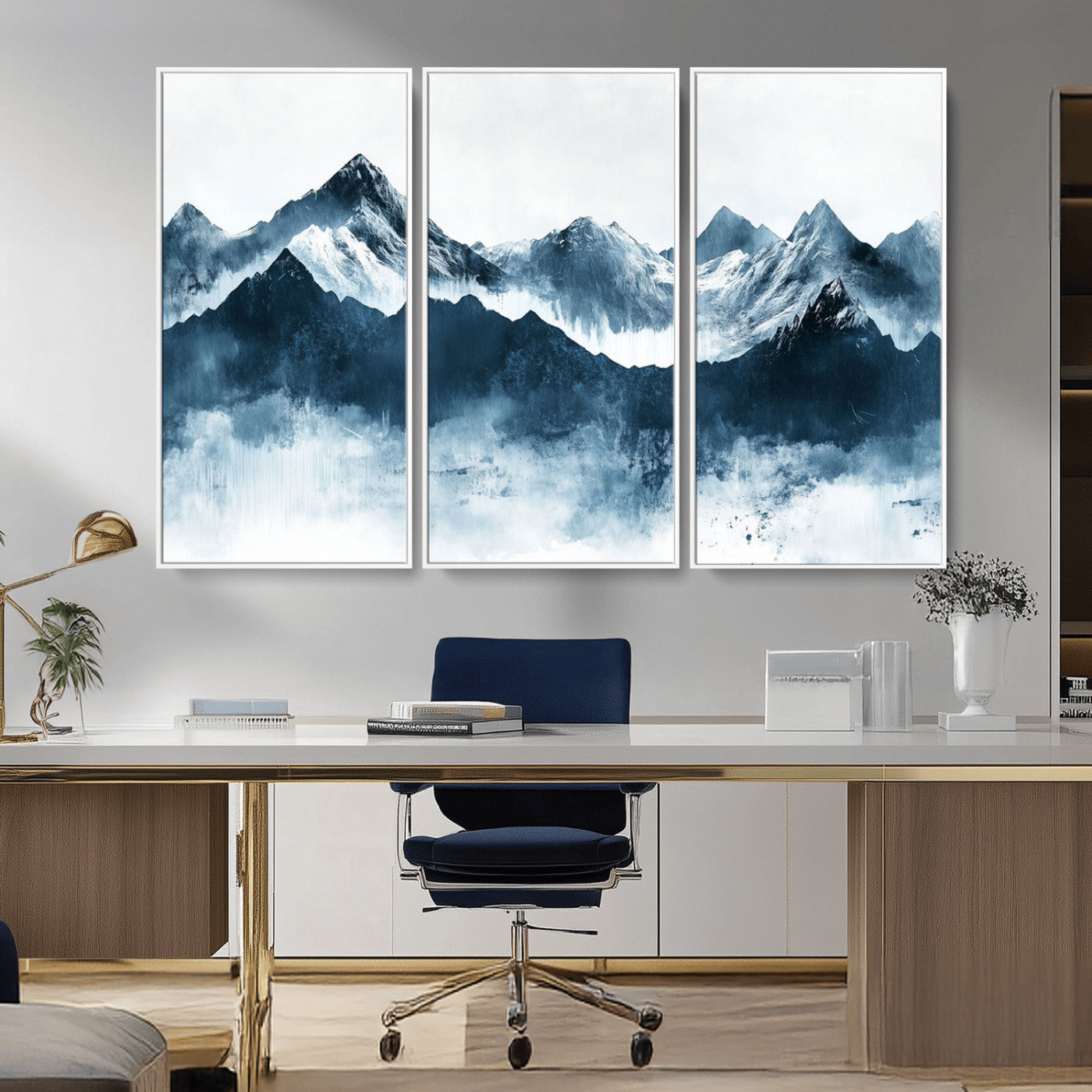 Abstract blue-toned canvas of snowy mountains in misty tones, ideal for minimalist or moody alpine-inspired home decor.