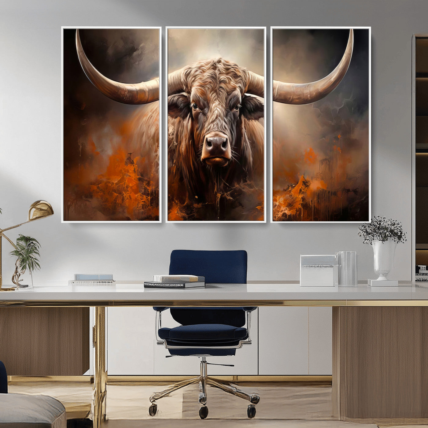 -Highland Bull Canvas Abstract Canvas Wall Art Print – Powerful Highland Bull with Striking Horns in