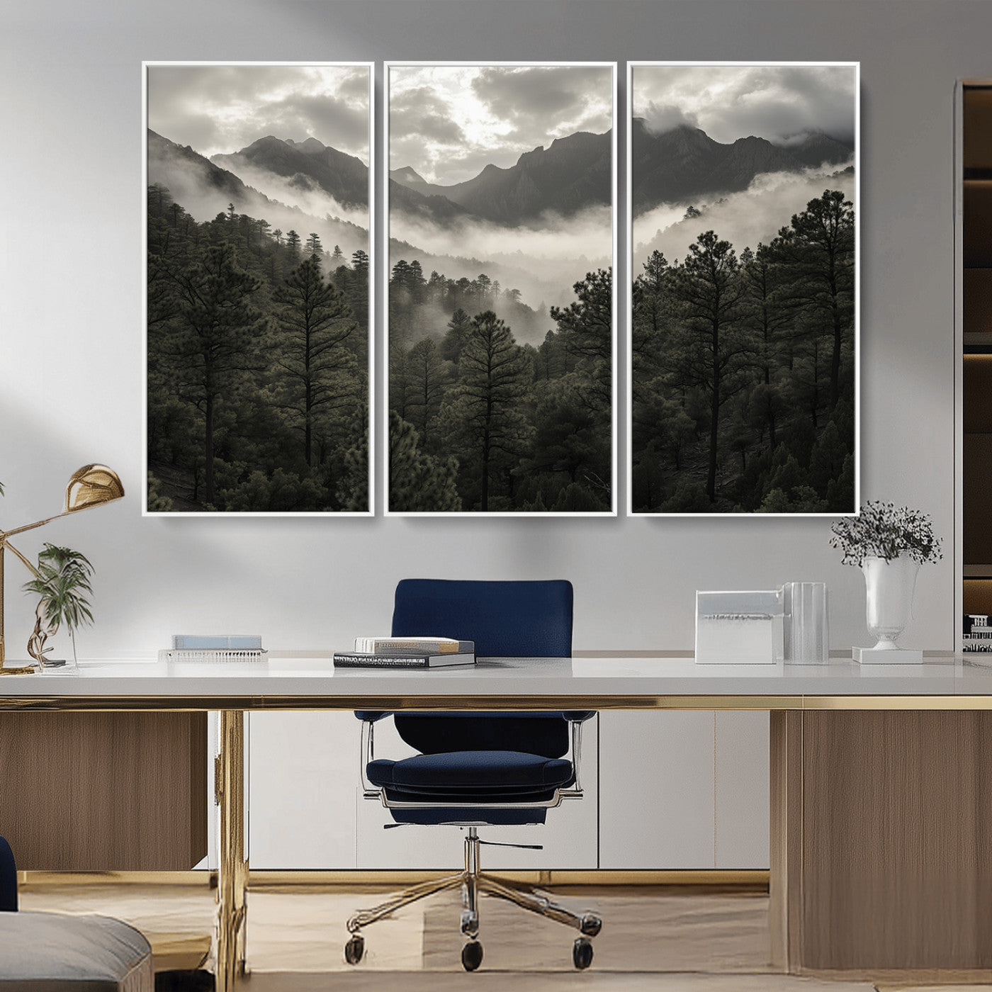 Canvas of moody pine forest and foggy mountain peaks under overcast skies, ideal for calm and rustic woodland-themed home decor.