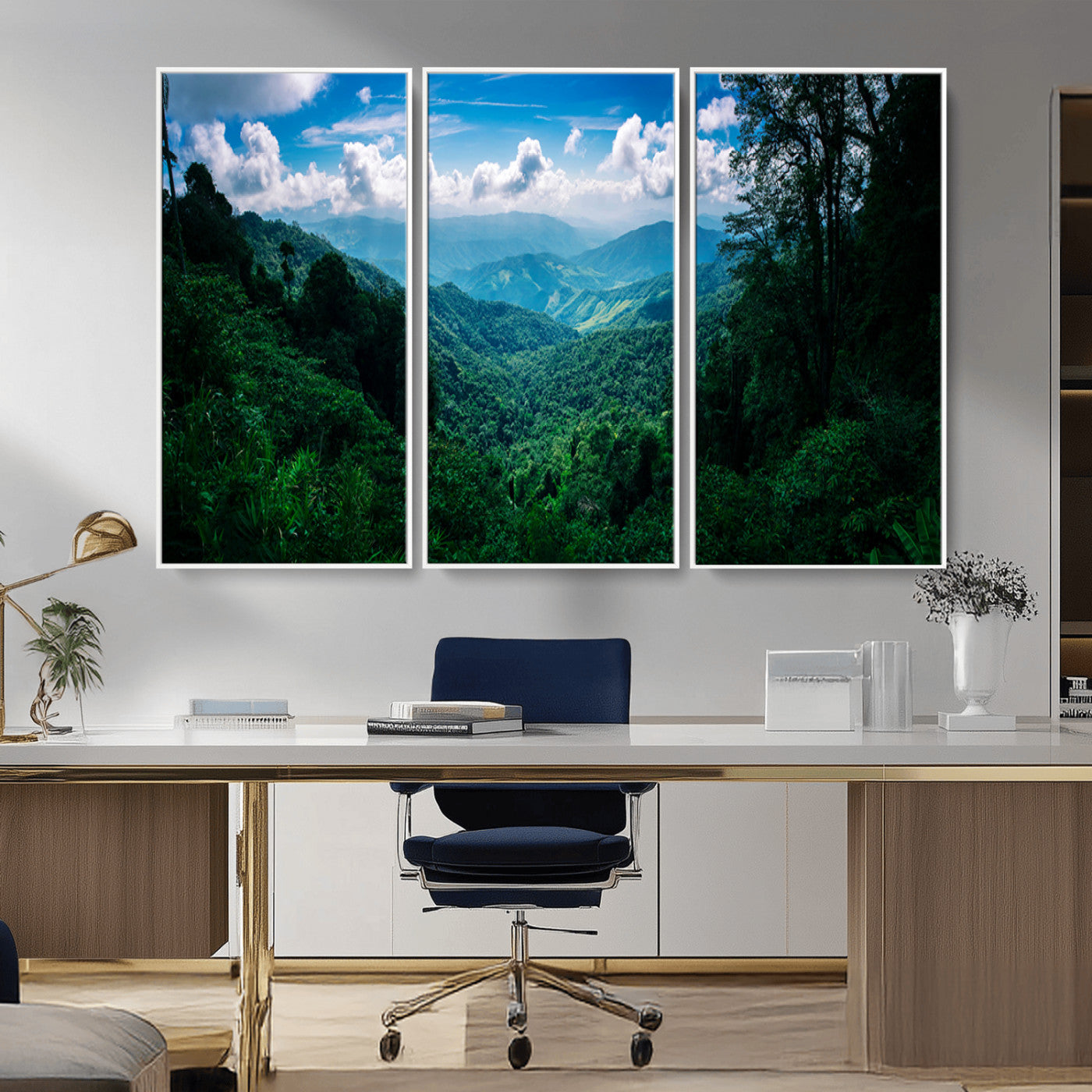 Canvas of a misty tropical jungle with vibrant greenery and layered blue mountains, ideal for exotic nature-themed wall décor.