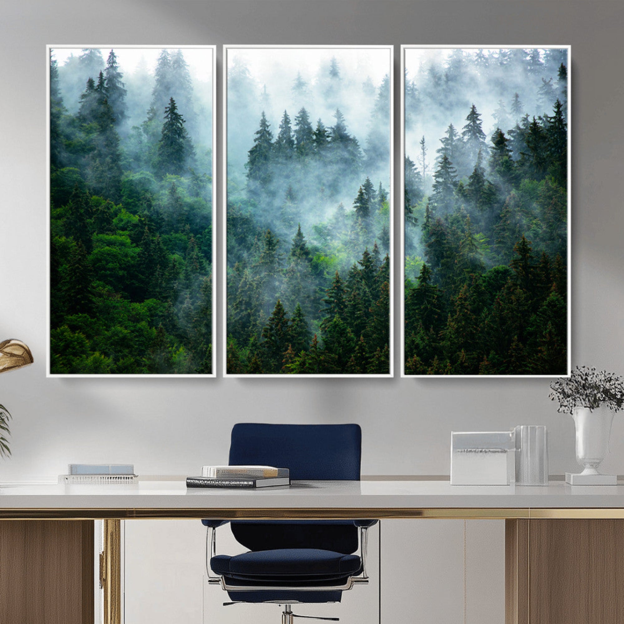 A captivating view of a dense pine forest blanketed in drifting fog, evoking a mystical and tranquil atmosphere.
