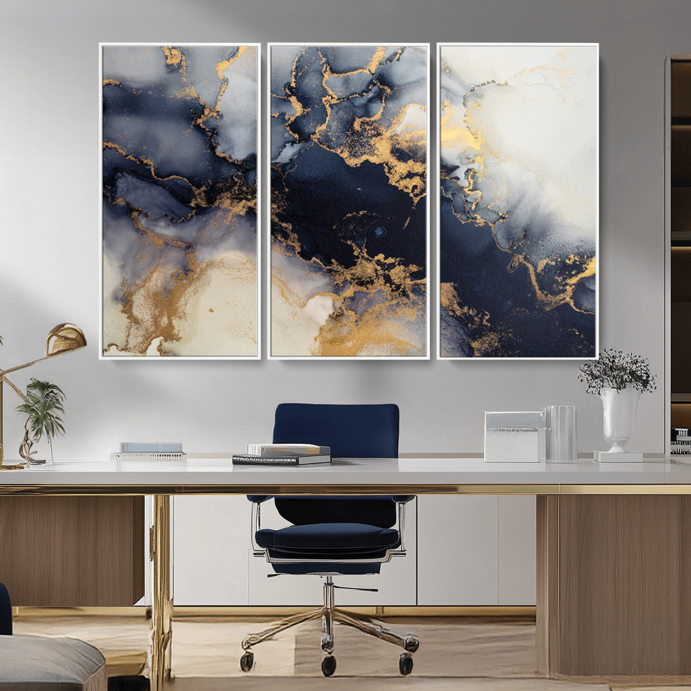 41136487-MGV-CV-48X32-3P-Black Marble Wall Art Canvas Print – Framed Abstract Gold Veins Elegant Luxury Design Decor for Home, Office